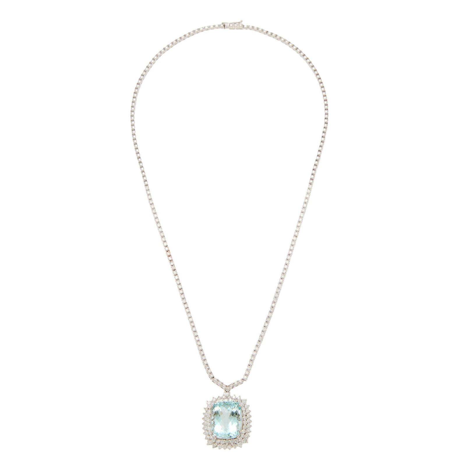 White Gold, Aquamarine and Diamond Pendant-Necklace: 14 kt., one rectangular cushion-cut aquamarine ap. 13.80 cts., 149 round diamonds ap. 4.15 cts., ap. 15.7 dwts. Length 17 inches. Aquamarine: light slightly greenish-blue, cleanish, lively. Diamonds: 