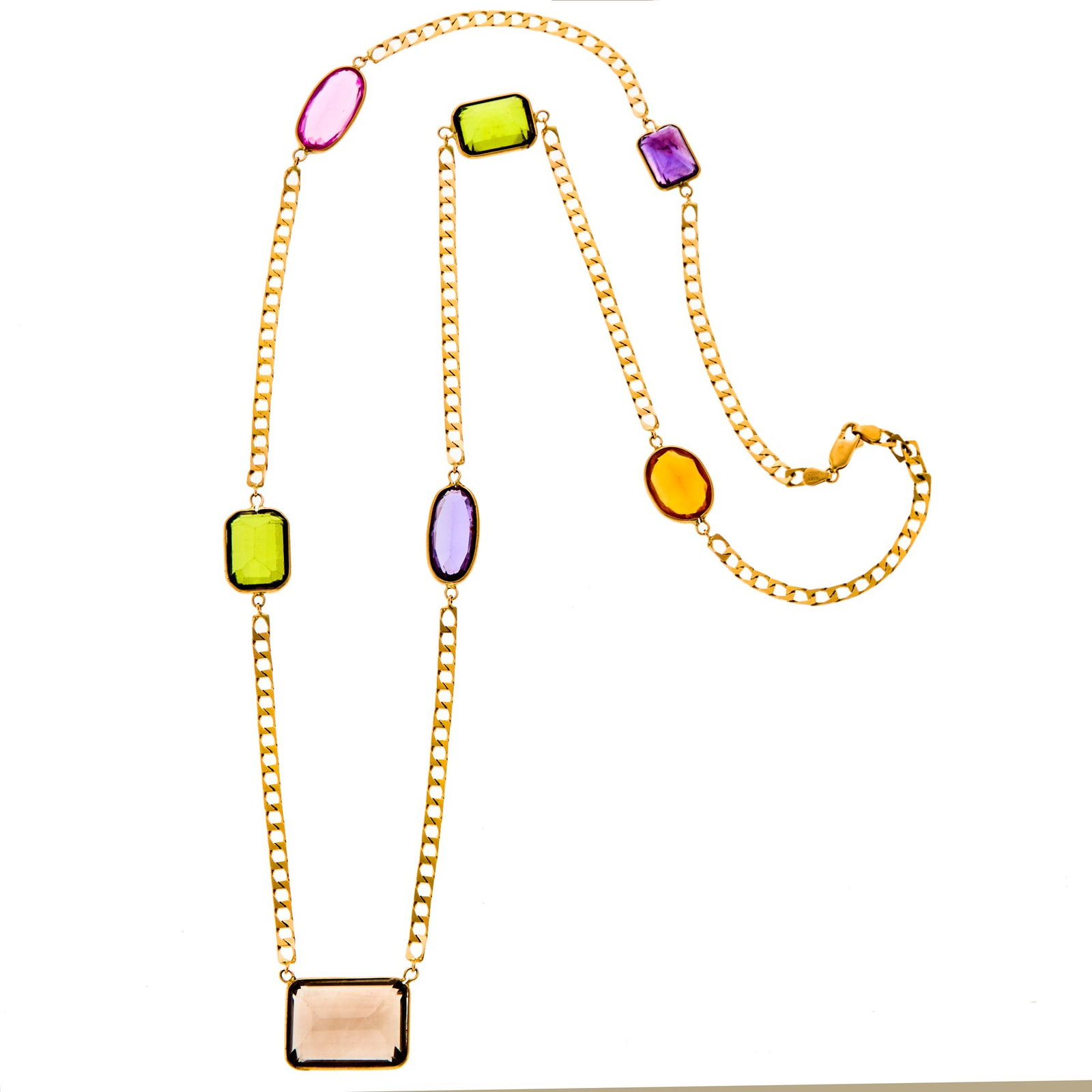 Long Gold, Smoky Quartz, Amethyst, Synthetic Green Spinel and Synthetic Purple, Pink and Orange: 14 kt., vari-shaped smoky quartz, amethyst, synthetic green spinel and synthetic purple, pink and orange sapphires, ap. 23.8 dwts. Length 29 3/4 inches. Colored stones: deep brown, purple, slightly