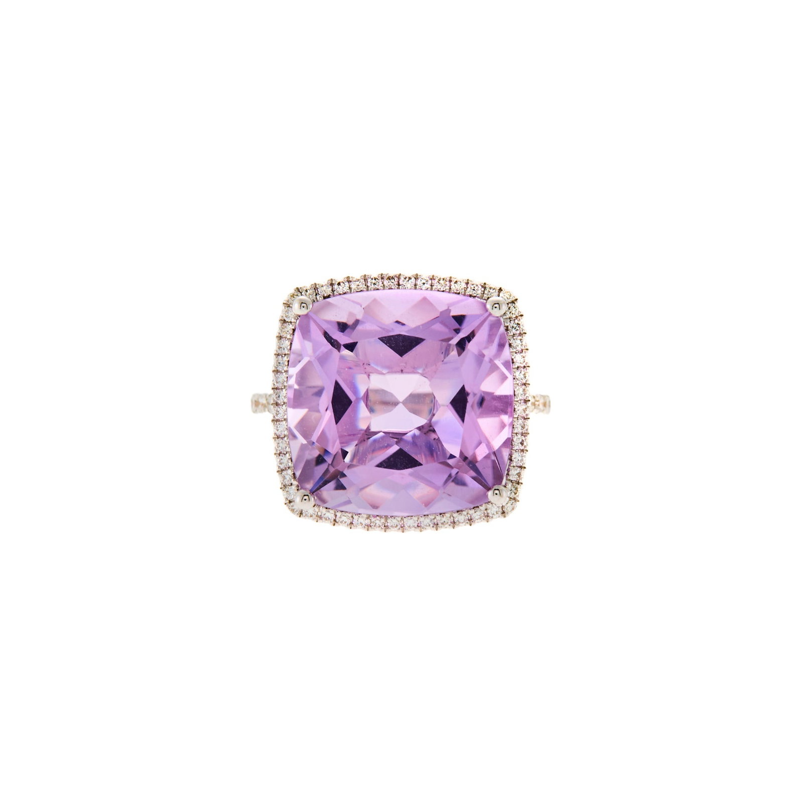 Kiki McDonogh White Gold, Amethyst and Diamond Ring: 18 kt., one cushion-shaped amethyst ap. 10.40 cts., 70 round diamonds ap. .35 ct., signed kiki, with English assay marks, ap. 4 dwts. Size 5. Amethyst: medium light slightly pinkish-purple, cleanish, 