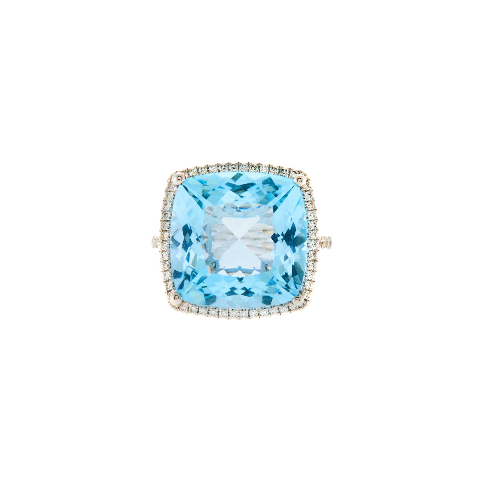 Kiki McDonough White Gold, Blue Topaz and Diamond Ring: 18 kt., one cushion-shaped blue topaz ap. 13.80 cts., 70 round diamonds ap. .35 ct., signed kiki, with English assay marks, ap. 4.6 dwts. Size 5. Blue topaz: medium light blue, cleanish. Diamonds: G-H