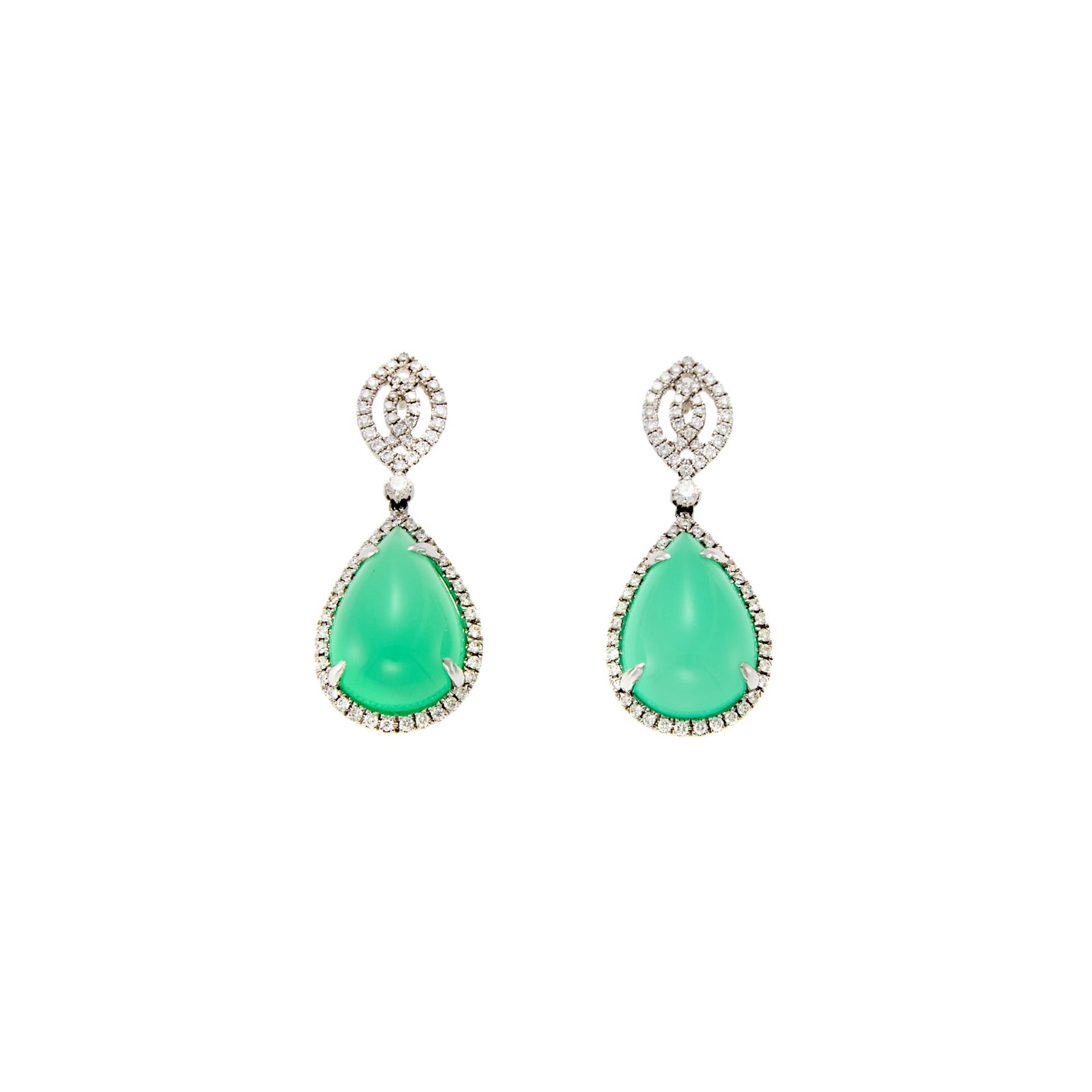 Kiki McDonough Pair of White Gold, Chrysoprase and Diamond Pendant-Earrings: 18 kt., 2 pear-shaped cabochon chrysoprase ap. 17.6 x 11.9 mm., 130 round diamonds ap. 1.10 ct., signed kiki, with English assay marks, ap. 7.5 dwts. Chrysoprase: medium very slightly bluish-green,