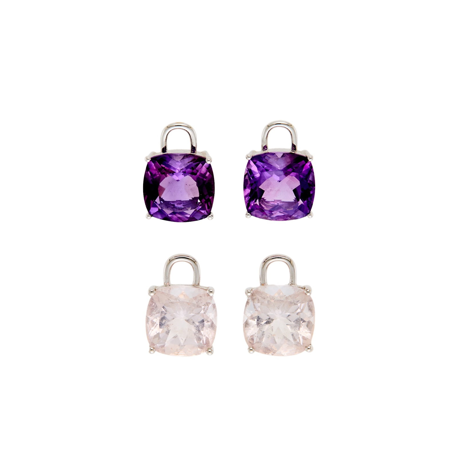 Four White Gold, Amethyst and Morganite Pendants: 18 kt., 2 cushion-shaped amethysts ap. 6.55 cts., 2 cushion-shaped morganites ap. 8.40 cts., morganite pendants signed kiki, ap. 5.5 dwts. Amethysts: deep purple, cleanish, lively. Morganites: very