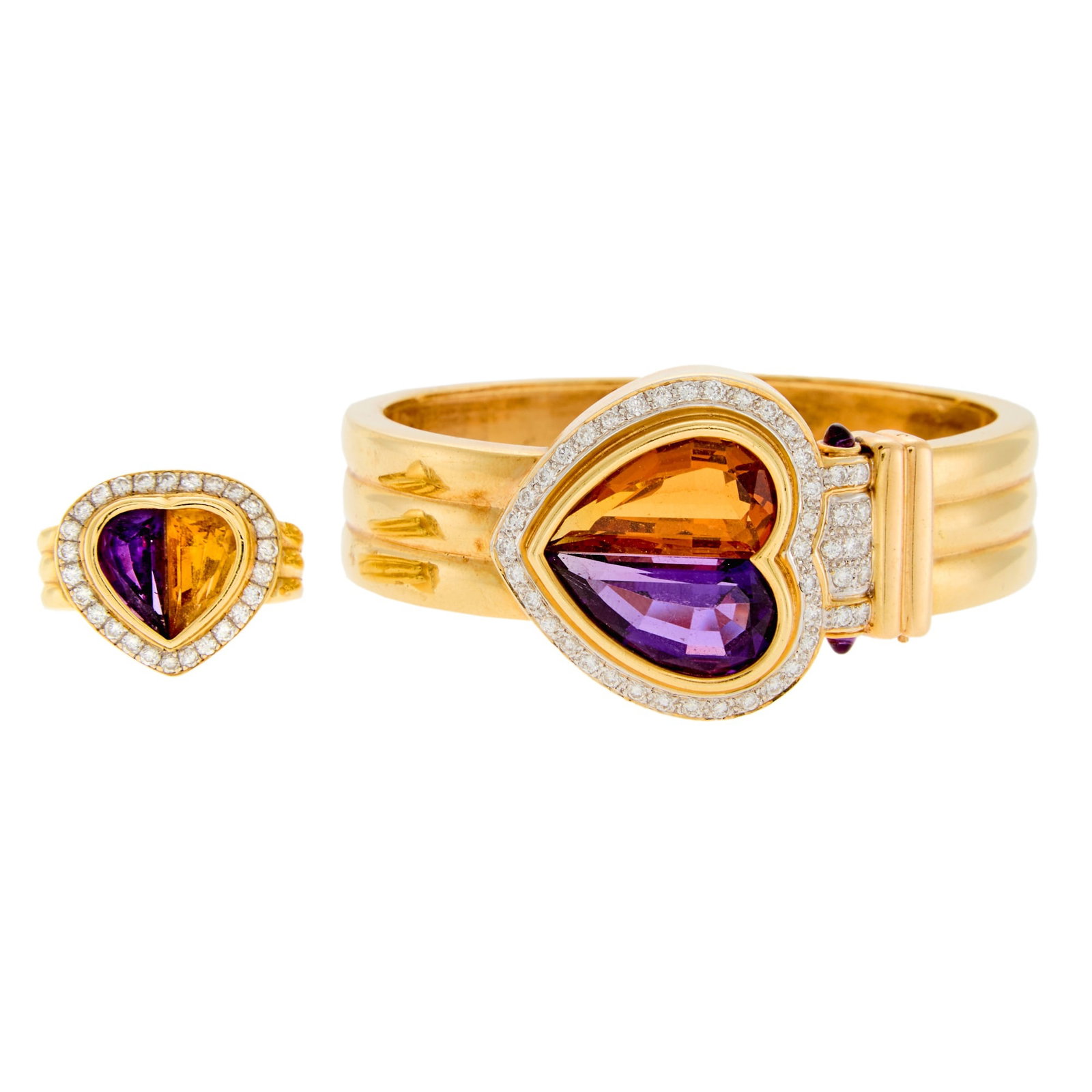 Two-Color Gold, Citrine, Amethyst, Cabochon Amethyst and Diamond Bangle Bracelet and Ring (1 of 1)