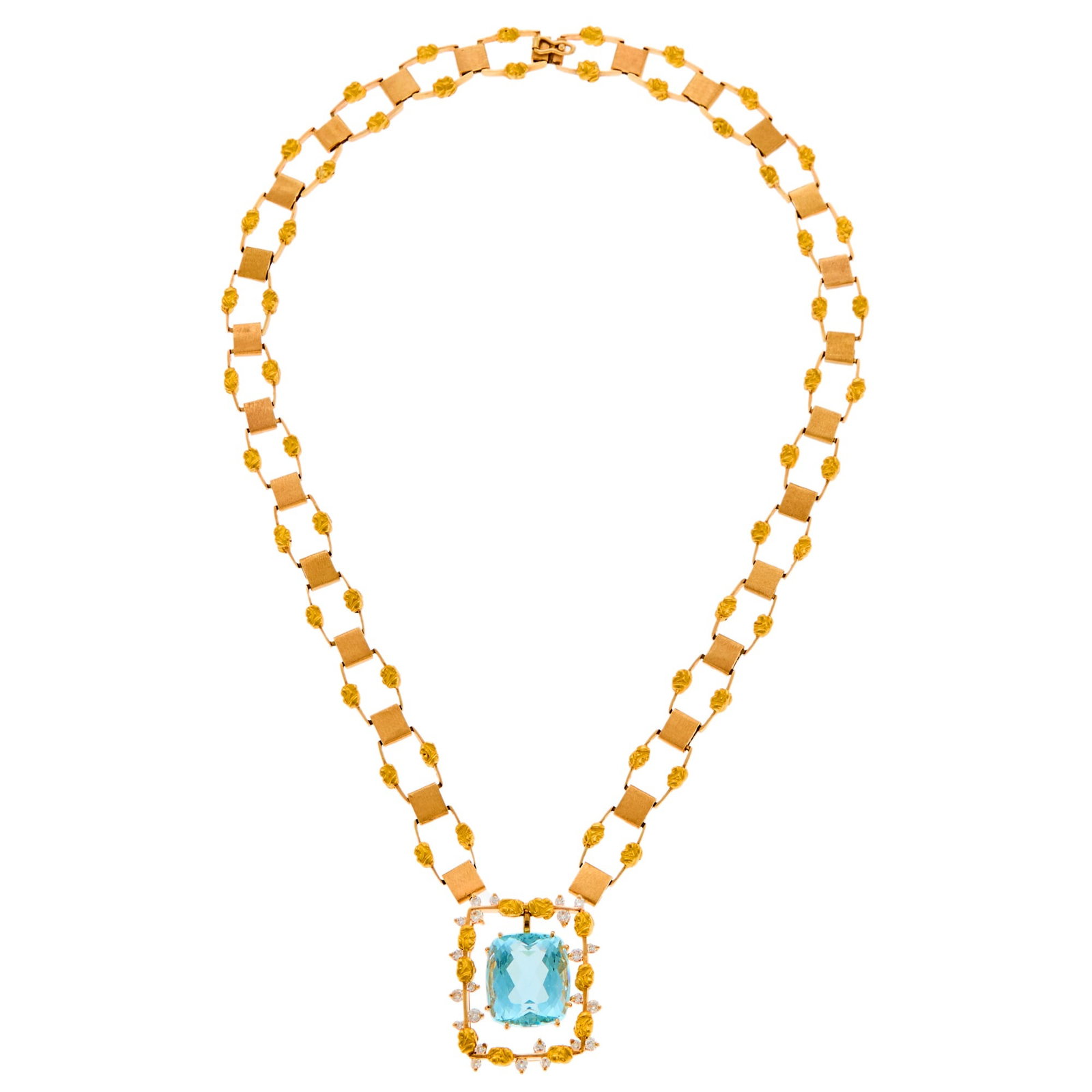 Gold, High Karat Gold, Aquamarine and Diamond Pendant-Necklace: One cushion-shaped aquamarine ap. 22.00 cts., 23 round diamonds ap. 1.35 cts., ap. 65.3 dwts. Length 20 inches. Gold tests as 14 and 22 kt. Aquamarine: medium light very slightly greenish-blue, cleani