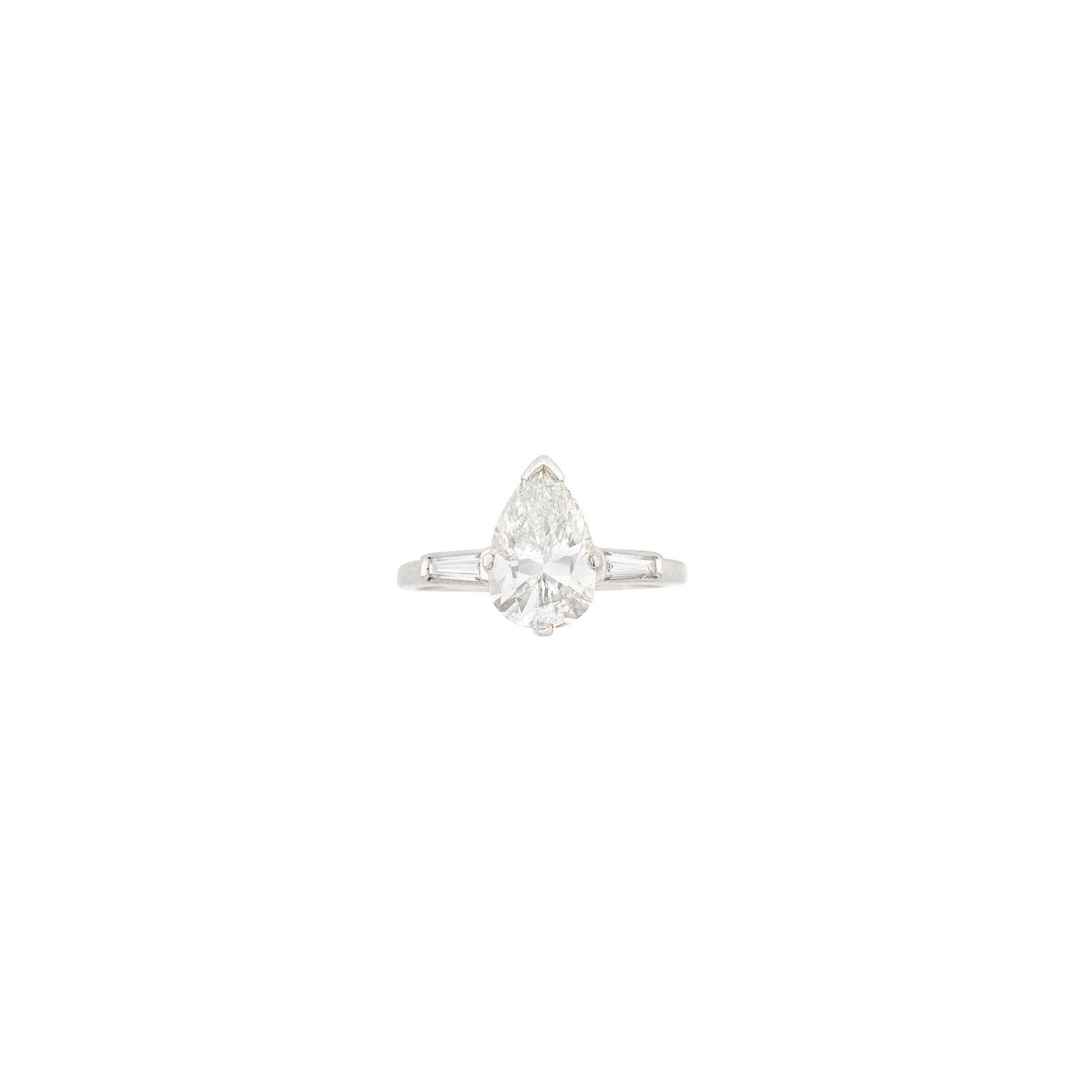Platinum and Diamond Ring with White Gold and Diamond Jacket: 14 kt., one pear-shaped diamond weighing 2.52 cts., 2 tapered baguette diamonds ap. .15 ct., additional small baguette and single-cut diamonds, ap. 7 dwts. gross. Size 7 3/4. The center diamond has be
