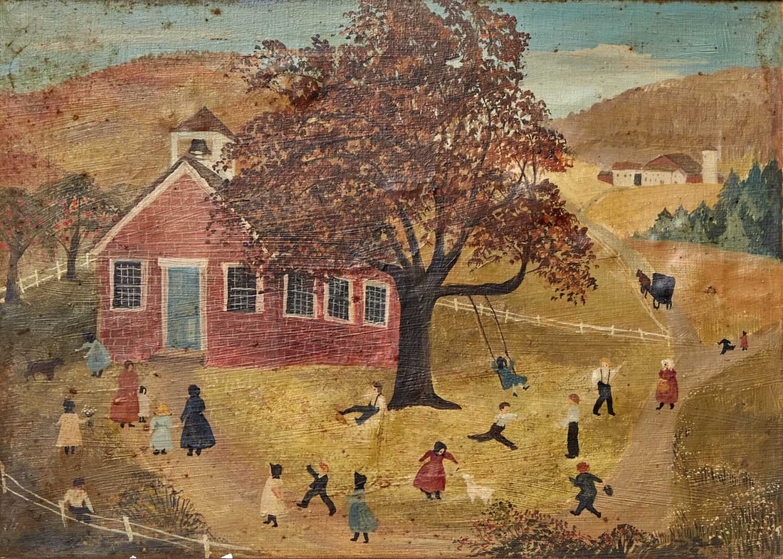 Jeanne Davies: American, b. 1936 School Yard Scene Signed Davies (ll) Oil on canvas 14 x 18 inches (35.6 x 45.7 cm) (Framed 17 1/4 x 21 1/4 inches) Paint cracking at the lower center under the tree. Areas of brown