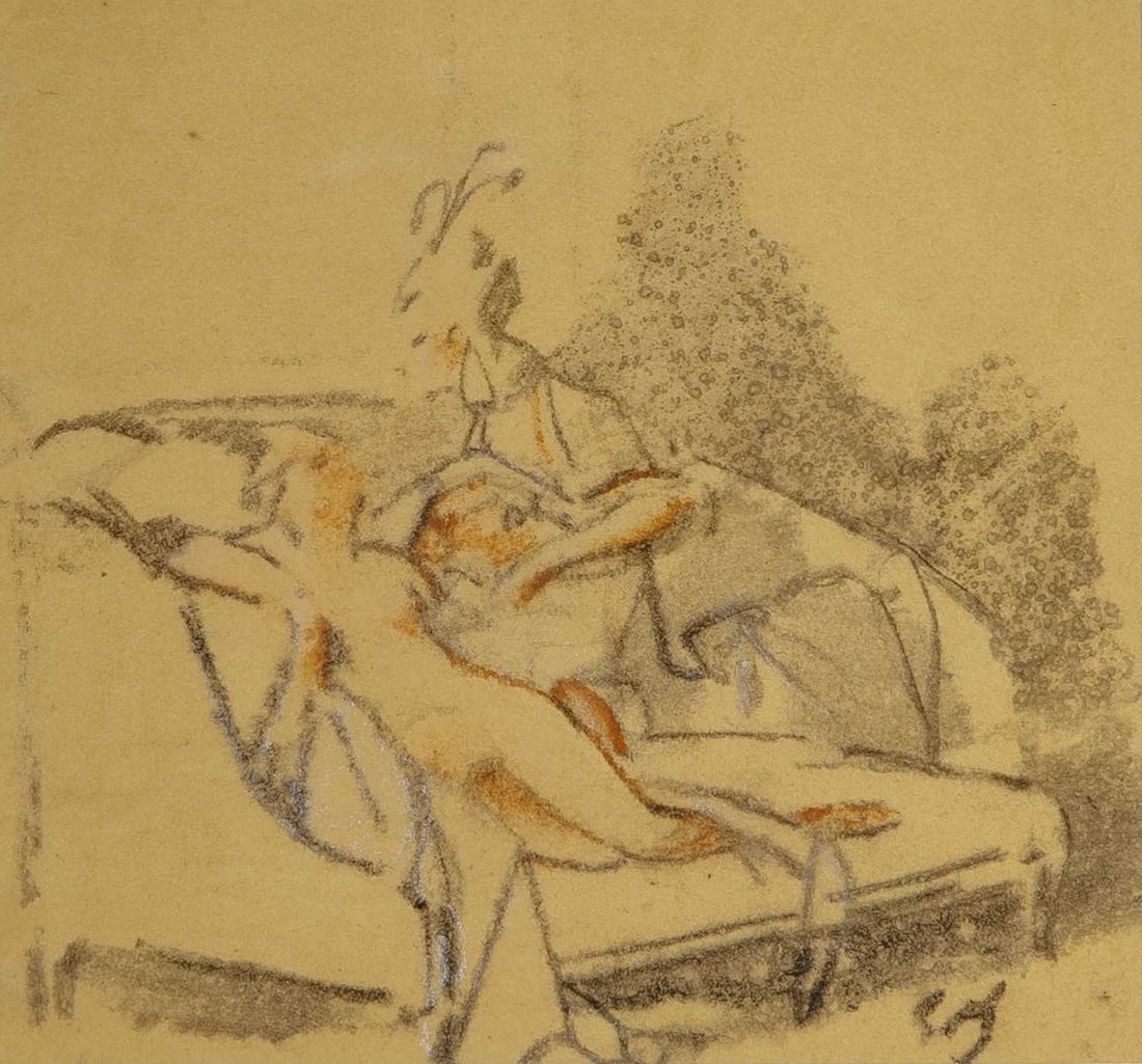 Lucien-Victor Guirand de Scevola: French, 1871-1950 The Two Friends Signed with intials Gds (lr) Charcoal and pastel on paper Sight 4 3/4 x 5 1/4 inches (12.1 x 13.3 cm) Provenance: Ann Connelly Fine Art, Baton Rouge, Louisiana