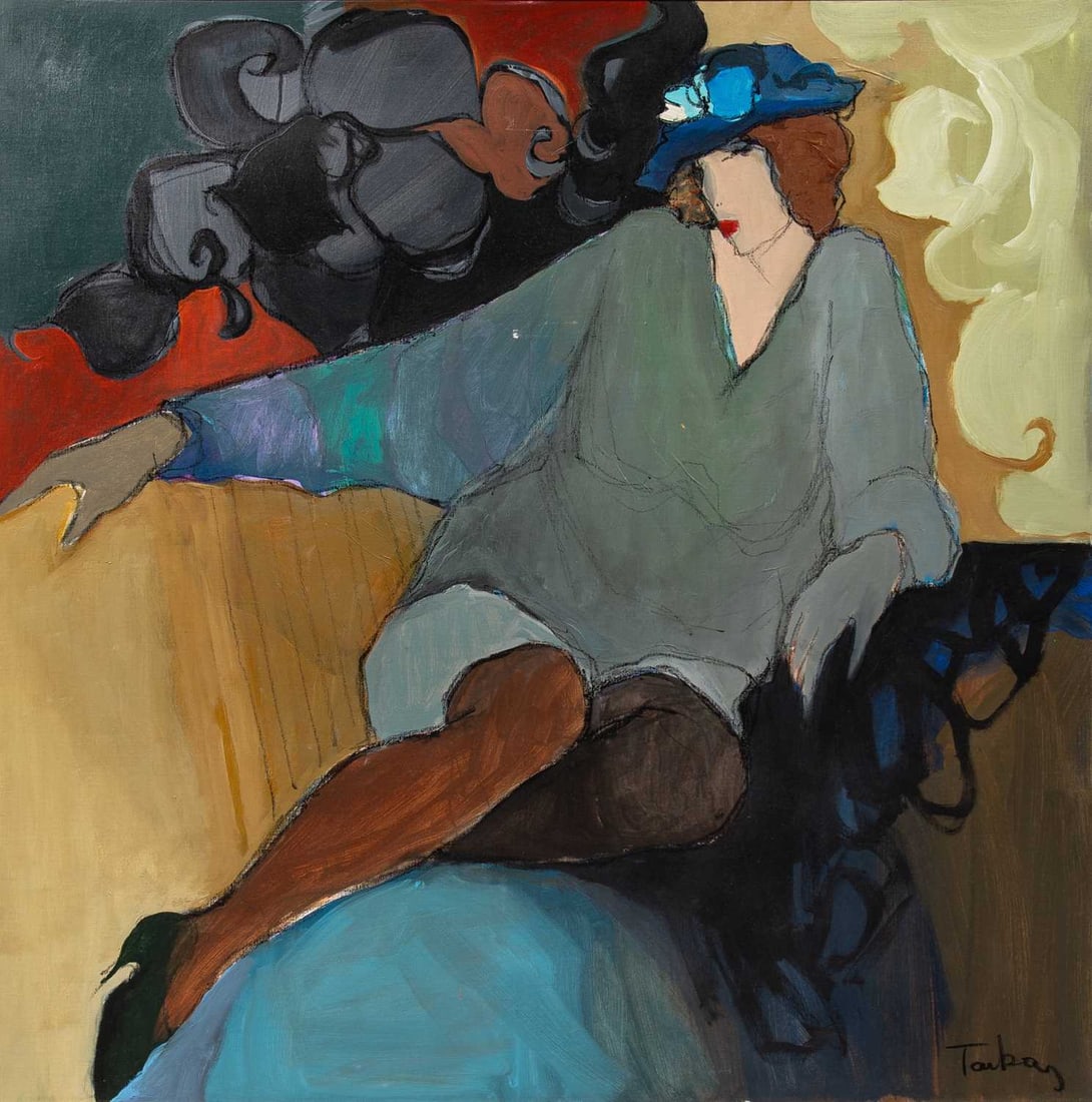 Itzchak Tarkay: Israeli, 1935-2012 Untitled (Seated Woman) Signed Tarkay (lr) Acrylic on canvas 39 3/8 x 39 3/8 inches (100 x 100 cm) (Framed 46 3/4 x 46 3/4 inches)