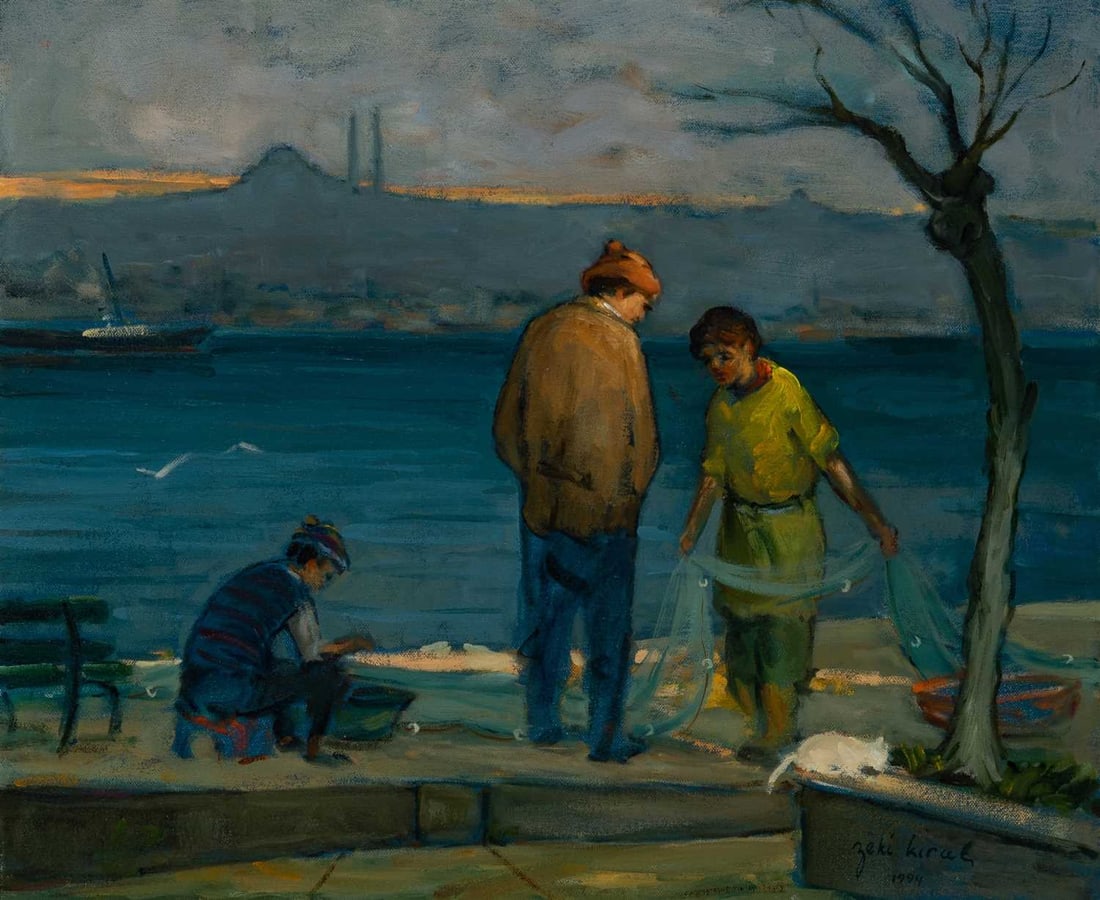 Zeki Kiral: Turkish, b. 1927 Untitled (Fishermen on the Bosphorus), 1994 Signed Zeki Kiral 1994 (lr) Oil on canvas 17 3/4 x 21 1/4 inches (45 x 54 cm) (Framed 25 x 28 1/2 inches) Proceeds from this auction will