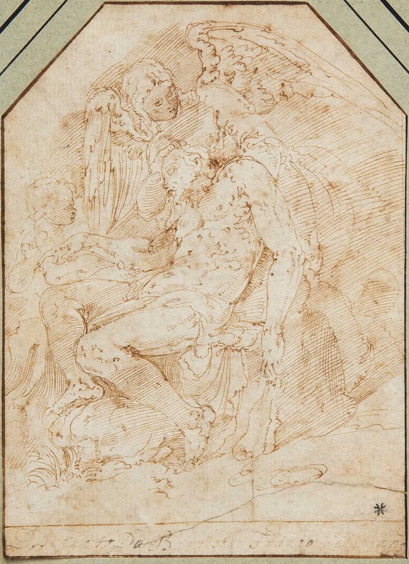 Attributed to Battista Franco Veneziano: Corpus Christi (The Dead Christ Supported by Angels) Inscribed Disegnato Da Battista Franco Veneziano along the lower margin, with an indistinct mark in black (lr) Brown ink on paper 5 3/4 x 4 1/4