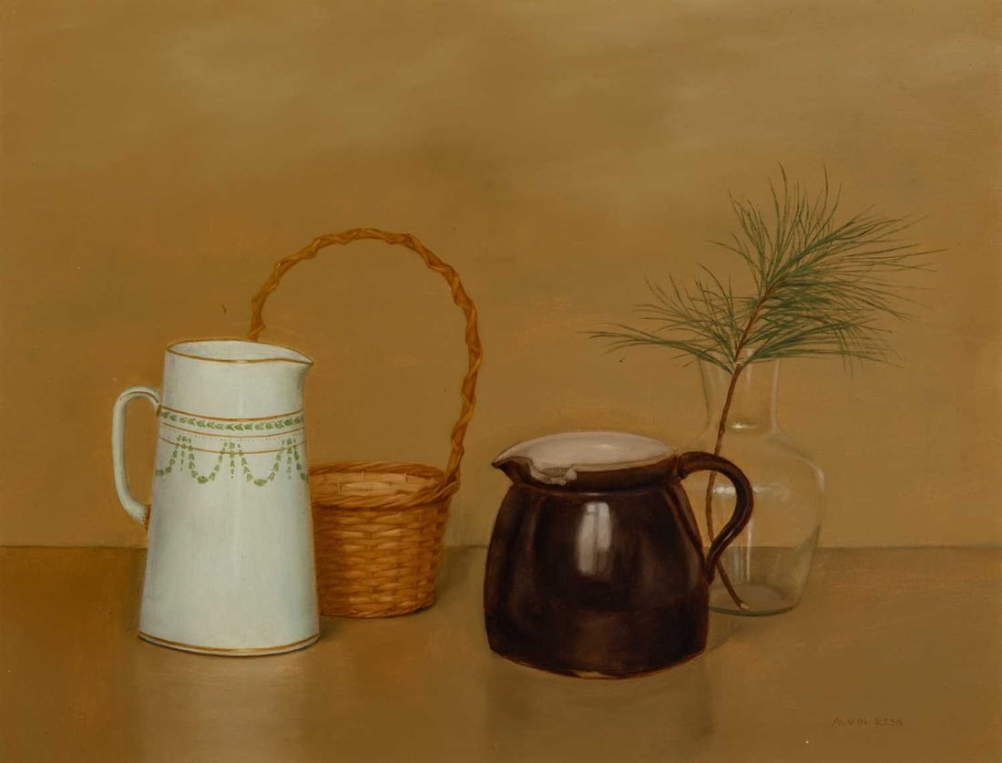 Alvin Ross: American, 1920-1975 Containers Signed ALVIN ROSS (lr) Oil on canvas 14 x 18 inches (35.6 x 45.7 cm) Provenance: Washburn Gallery, New York Hairline cracks in the paint layer correlate with the faint
