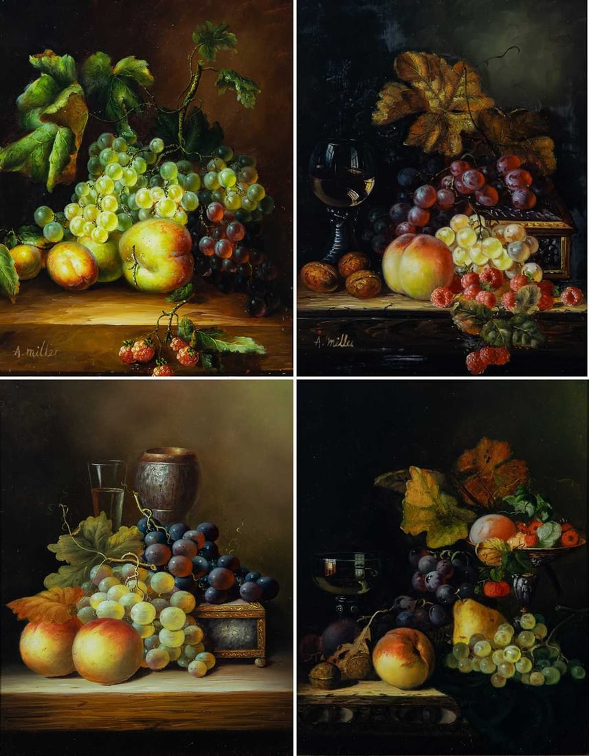 20th Century School: Still Lifes with Fruit: four works Two signed A. Milles (ll) Each oil on panel Each 9 3/4 x 7 3/4 inches (24.8 x 19.7 cm) (Framed 17 x 15 inches)