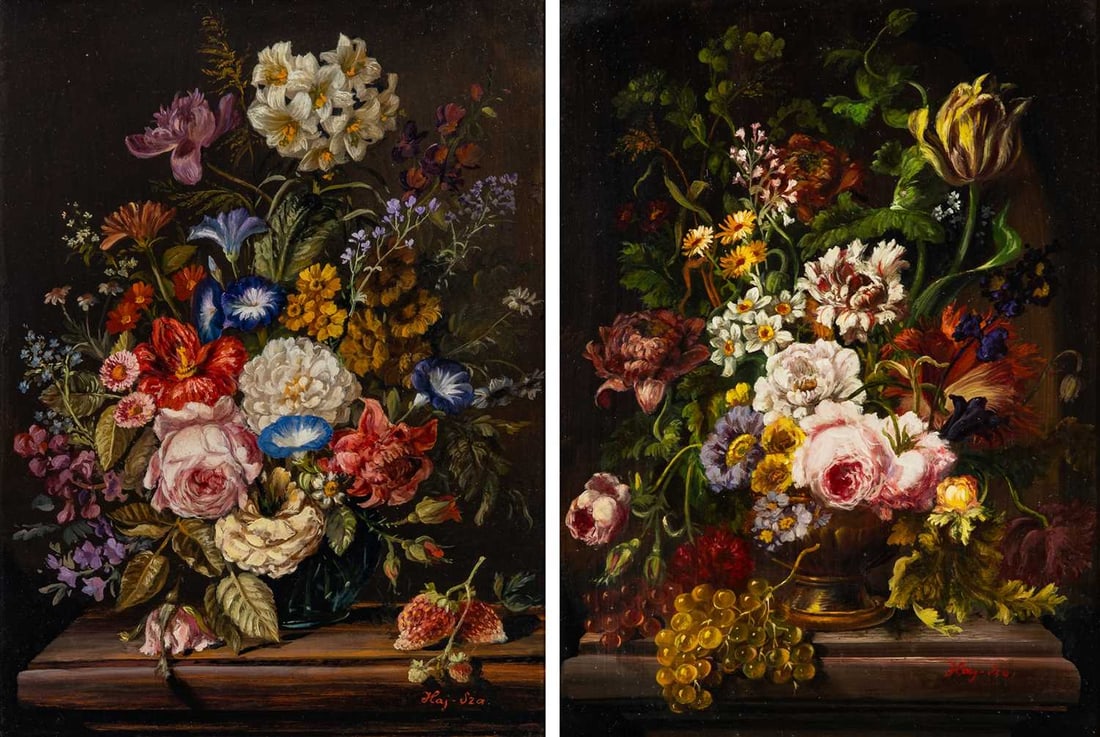 20th Century School: Floral Still Lifes: two works Each signed Haj-Sza (lr) Oil on panel 16 x 12 inches (40.6 x 30.5 cm) (Framed (each) 22 1/2 x 18 1/2 inches)