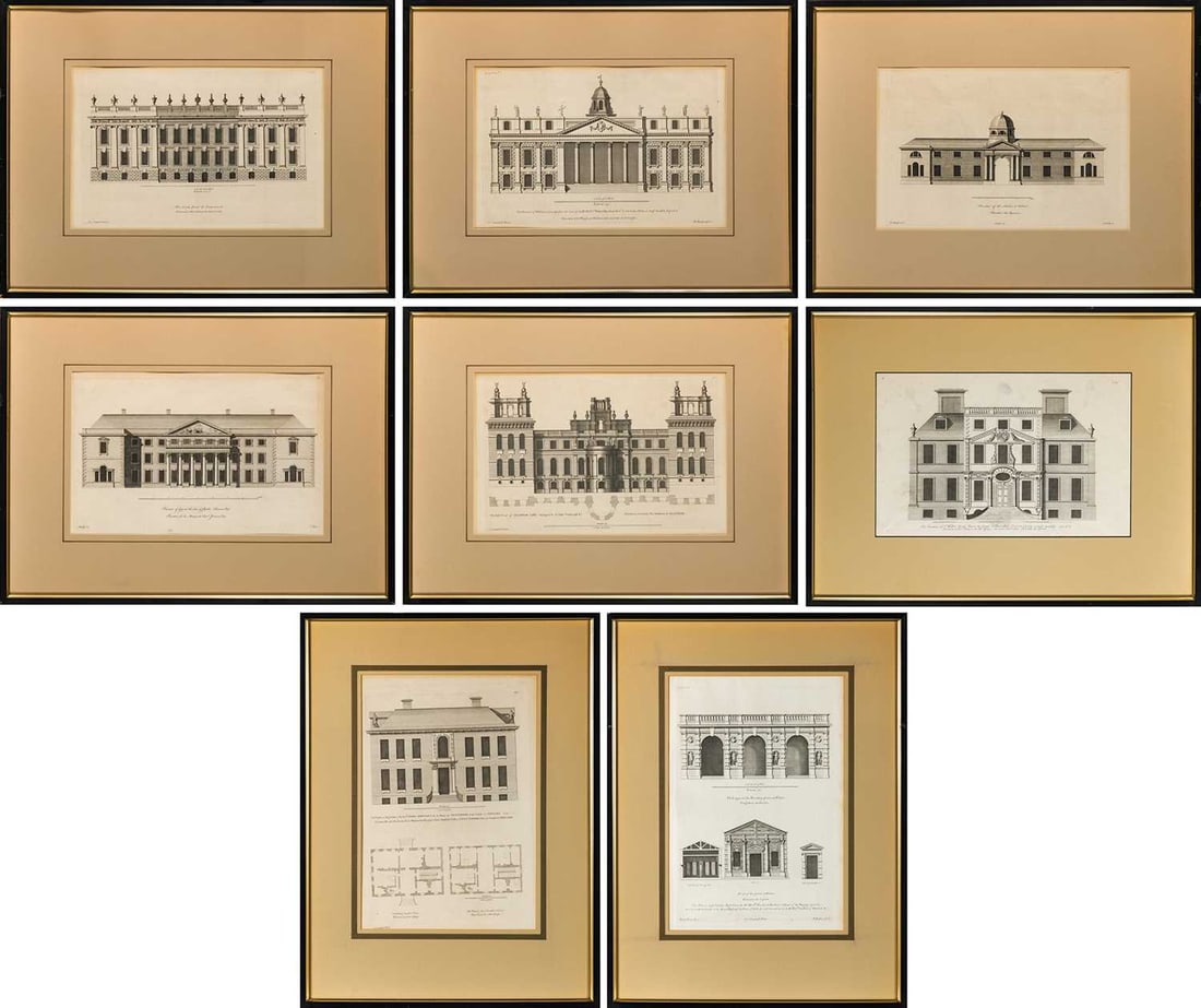 After Colen Campbell (1676-1729): [ARCHITECTURAL STUDIES] Eight engravings, from Vitruvius Britannicus, London, 1715-1725, framed. Plates 9 1/2 x 14 3/4 inches; 24.1 x 37.4 cm Frame 19 x 24 7/8 inches; 48.2 x 63.1 cm