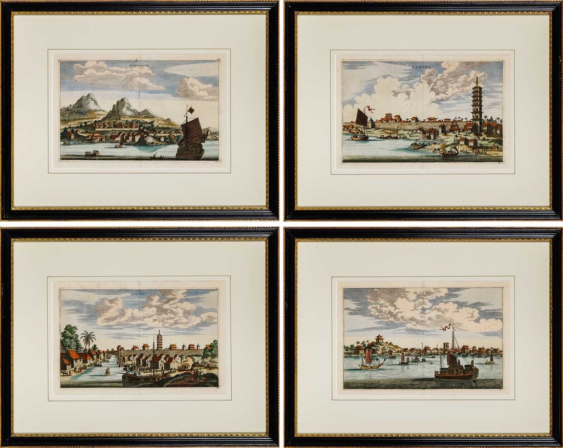 Johan Nieuhof (1618-1672): [CHINA TRADE SCENES] Four hand-colored engravings, from Legatio batavica ad magnum Tartariæ chamum Sungteium, framed. Plates 7 1/2 x 11 3/4 inches; 19.0 x 29.8 cm Frames 16 x 20 1/4 inches; 40.6 