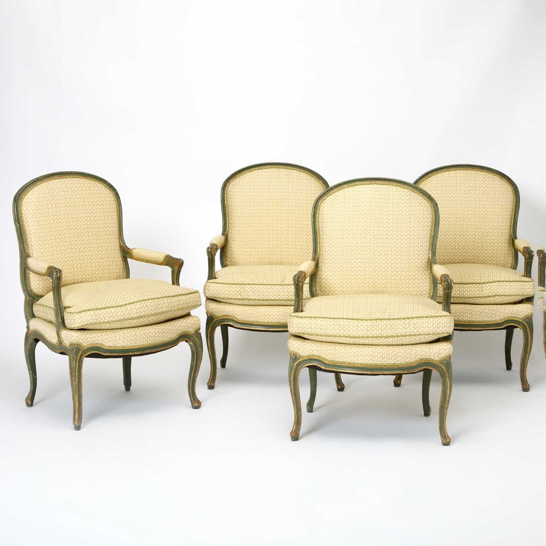 Set of Four Louis XV Style Painted and Carved Wood Fauteuils à la Reine: Mid-20th century Height 38 inches, width 24 inches, depth 20 inches; seat height 19 inches.