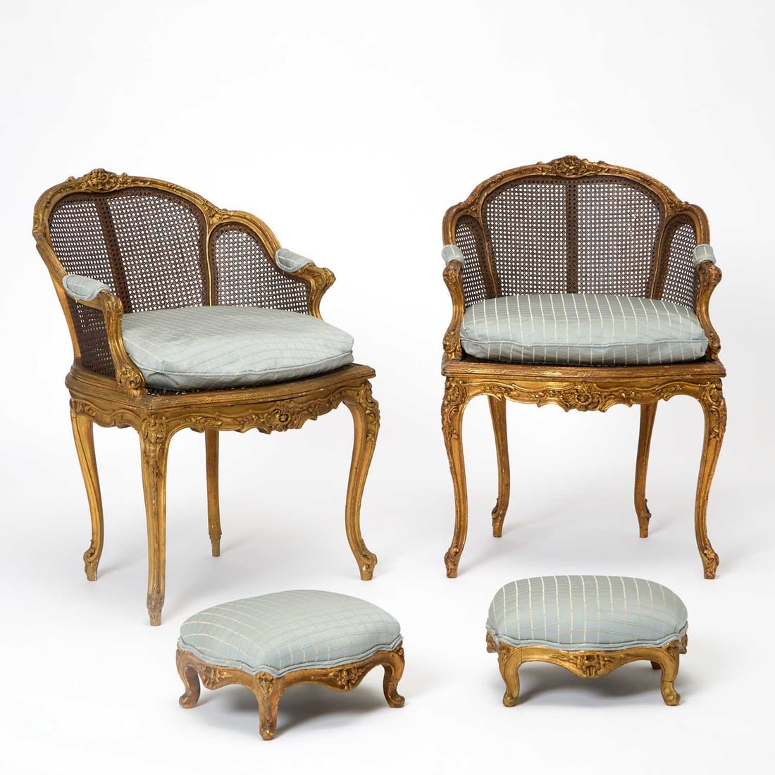 Pair of Louis XV Style Carved Giltwood Caned Seat Bergères (1 of 7)