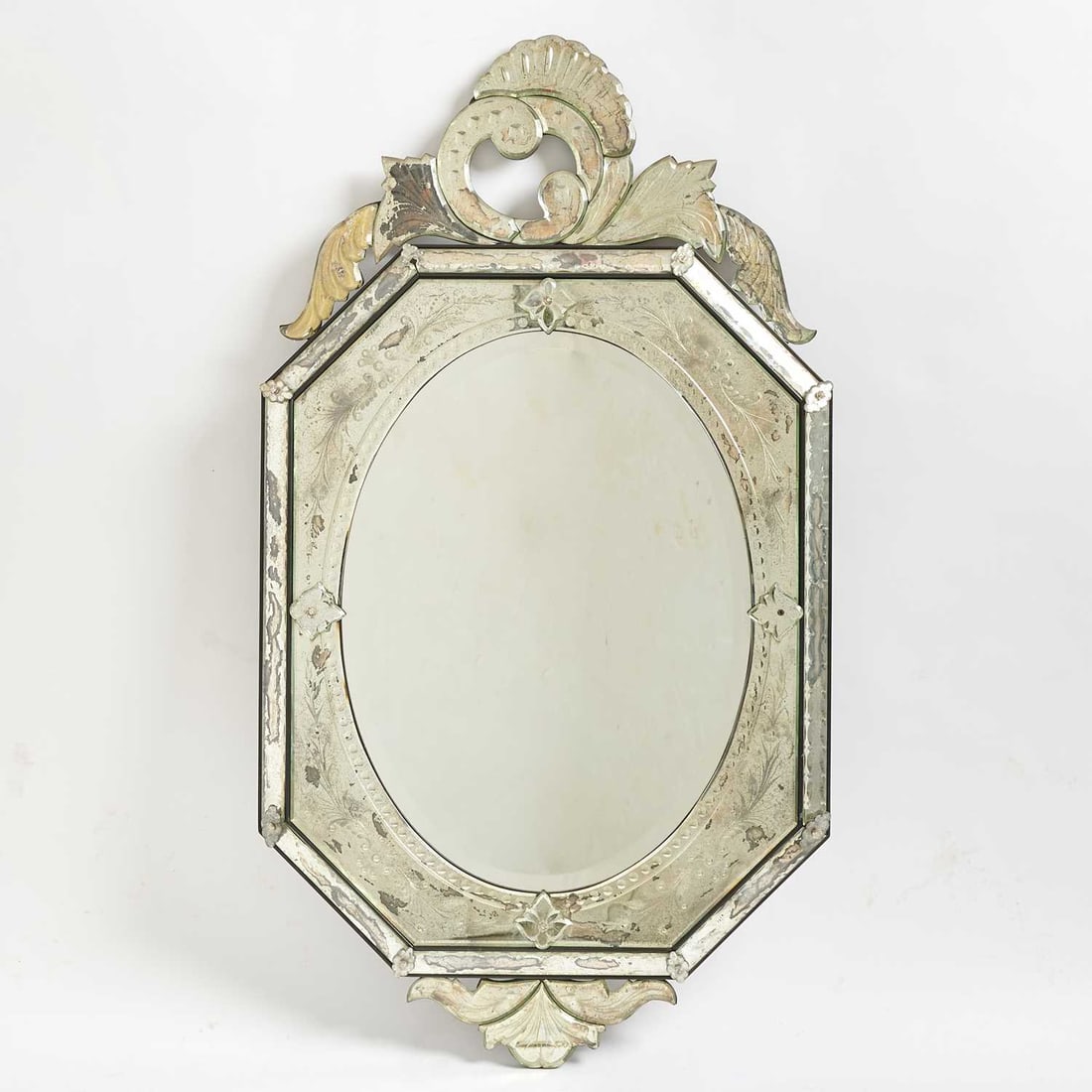 Venetian Engraved Glass Mirror: Mid-20th Century Height 48 inches, width 26 inches some distressed silver on the mirrors
