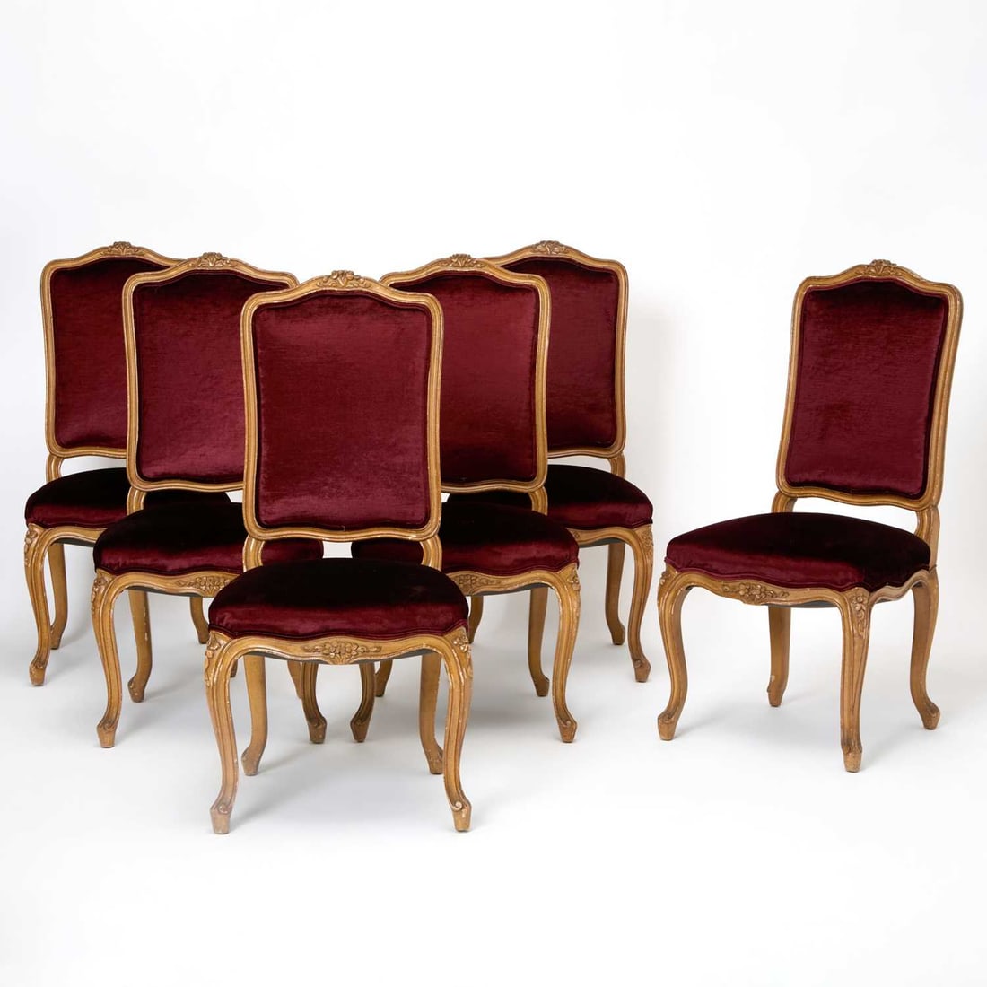Set of Six Louis XV Style Velvet Upholstered Dining Side Chairs: 20th Century Height 42 inches, width 20 inches, depth 18 inches.