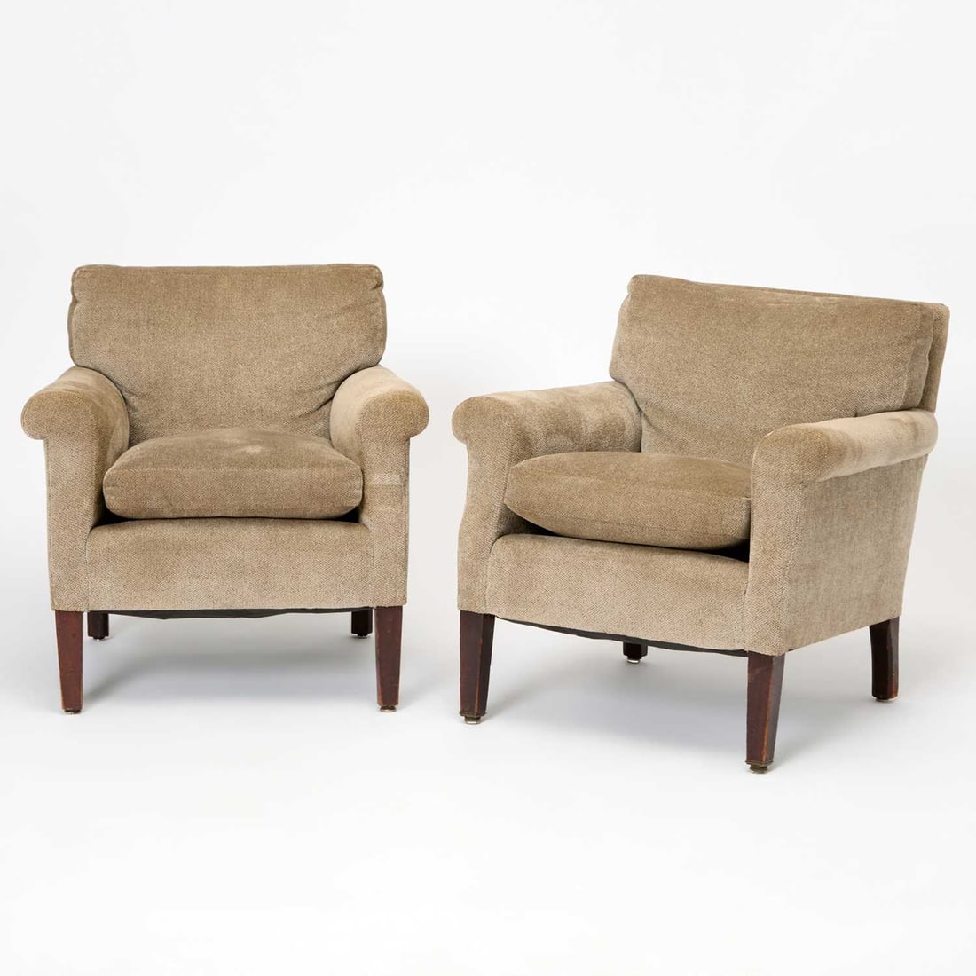 Pair of Upholstered Club Chairs: 20th Century Height 30 inches, width 29 inches, depth 35 inches. scratched legs