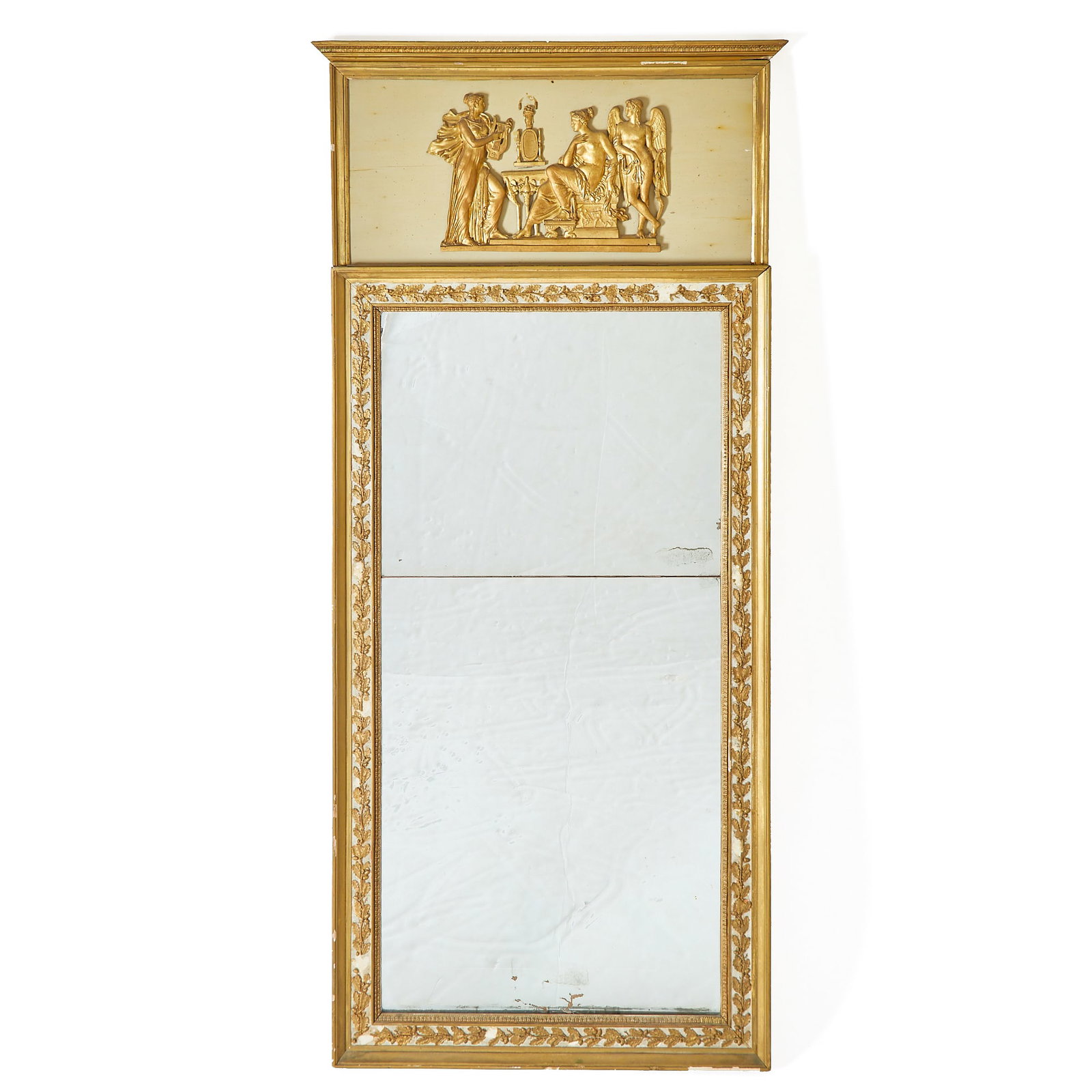 Empire Style Painted and Parcel Gilt Trumeau Mirror: Second half 19th century The cresting with classical figures on a grey ground over a rectangular frame, with a foliate border. Height 70 inches, width 32 inches. restored gilding, several losses