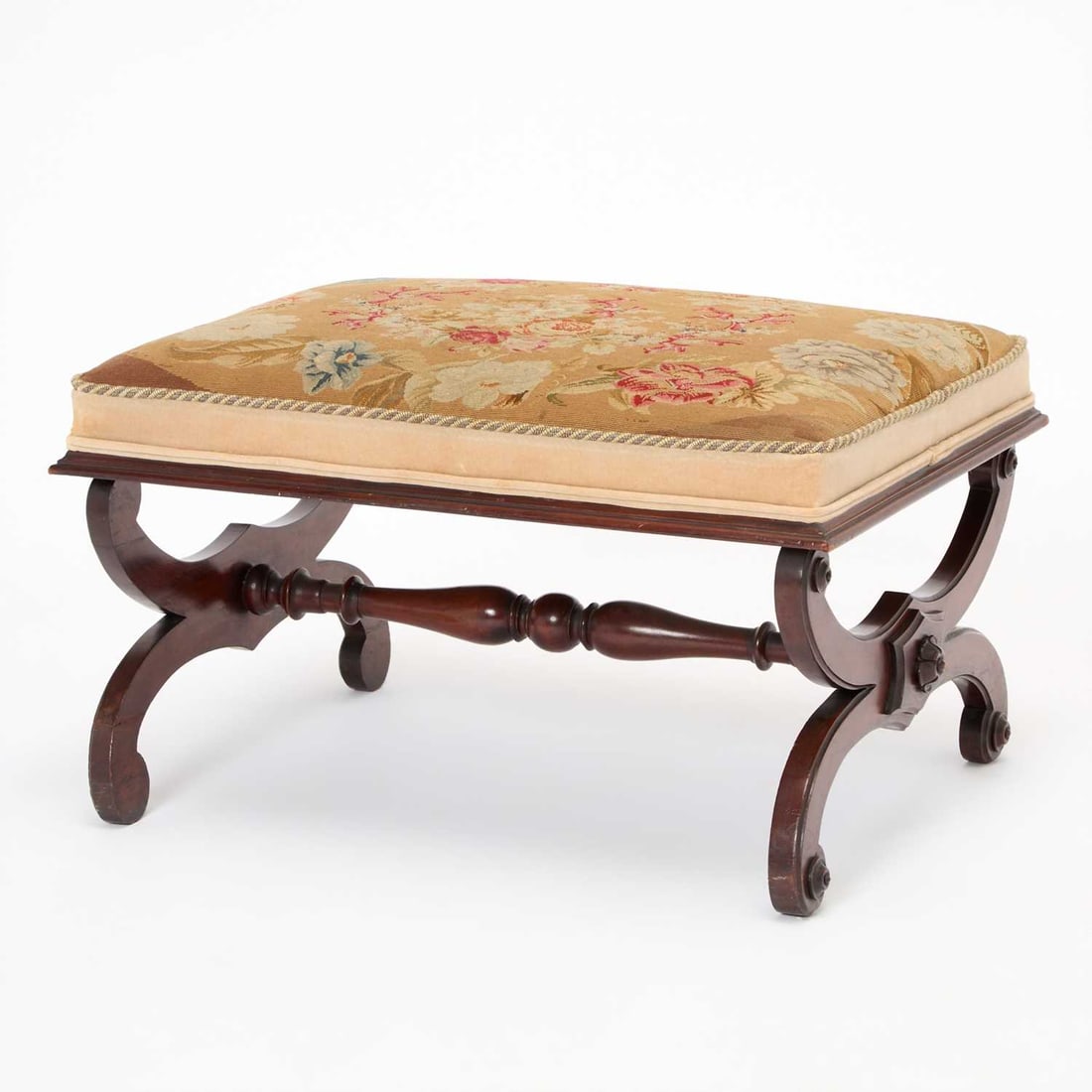Late Regency Carved Mahogany Needlepoint Upholstered Bench: Circa 1830 Height 18 inches, width 31 inches, depth 18 1/2 inches.