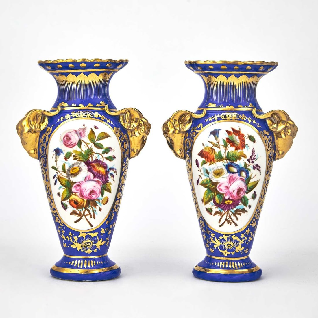 Pair of French Gilt and Hand-Painted Porcelain Lapis-Lazuli Ground Garniture Vases (1 of 3)