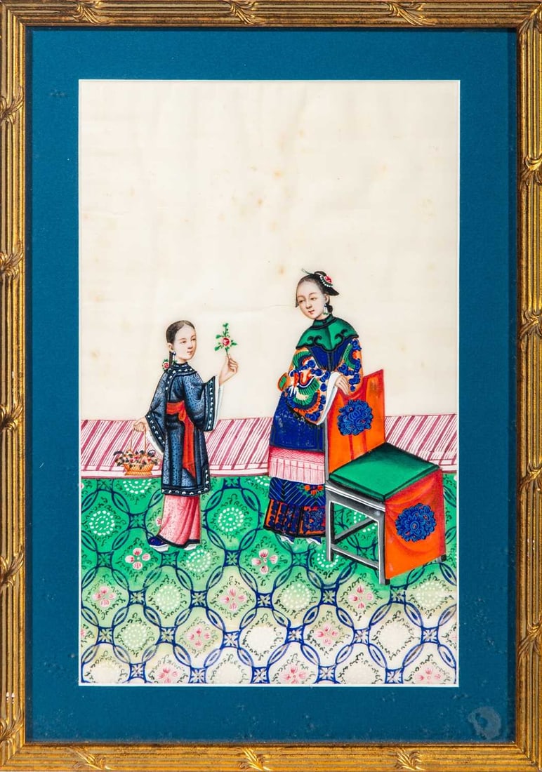 A China Trade Painting Late Qing Dynasty-Republic Period: Gouache on pith paper; depicting a noblewoman and her attendant in an indoor setting. (Sight 11 x 15 1/2 inches)