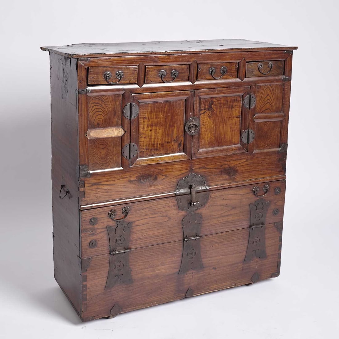 Korean Elmwood Chest 20th century: Of typical configuration and with iron hardware. Height 38 inches, width 36 inches, depth 15 inches.