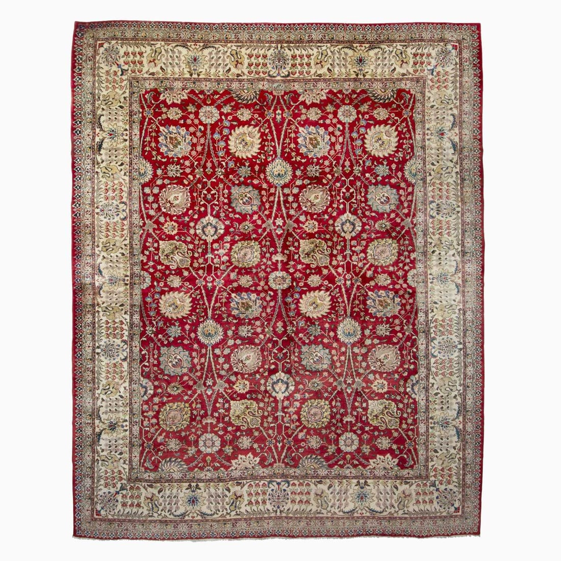 Tabriz Carpet: Northwest Iran, Contemporary The scarlet field with a polychrome vase pattern overall is within an ivory meandering floral vinery border. Signed. Approximately 100 kpsi. (14' 5" x 11' 4") Minor moth
