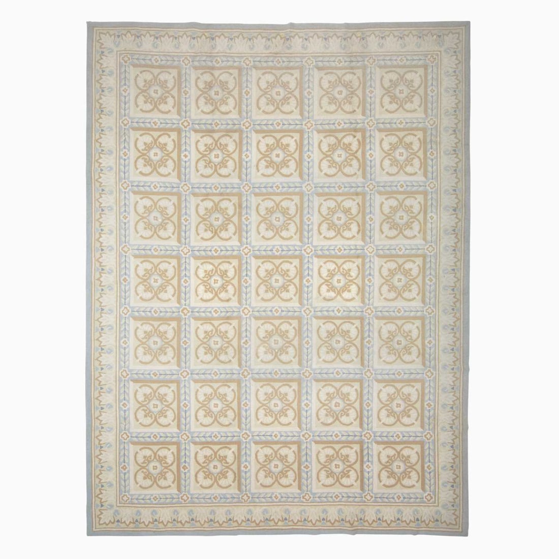 Hooked Carpet: China, Late 20th Century The overall tile pattern filled with floral elements is within a palmette and vine border. (11' 4" x 8' 6") Soiled, small spot stains
