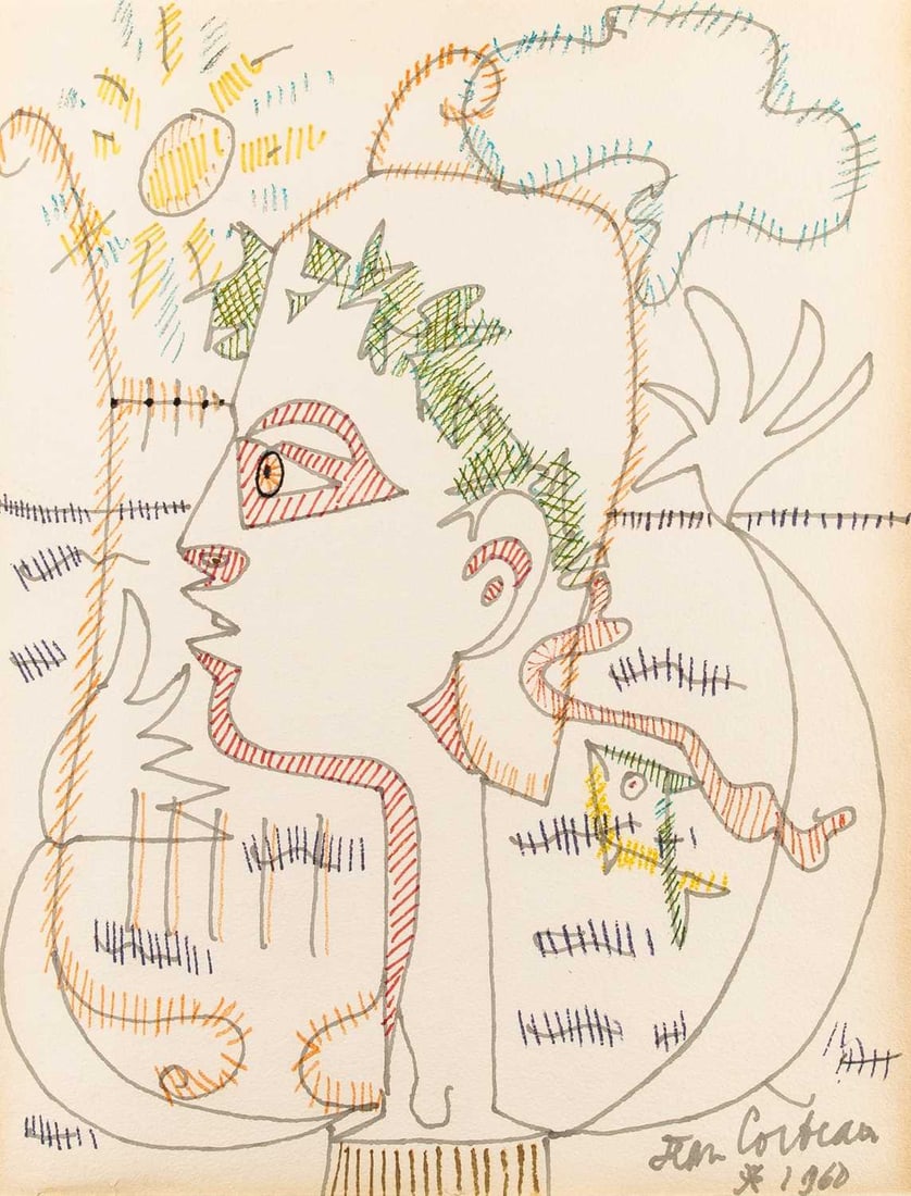 Jean Cocteau: French, 1889-1963 Profil d'Orphée à la lyre, 1960 Signed and dated Jean Cocteau 1960 (lr) Felt tip pen and crayon on paper Sight 24 1/2 x 19 inches (62.2 x 48.3 cm) Provenance: Carolyn
