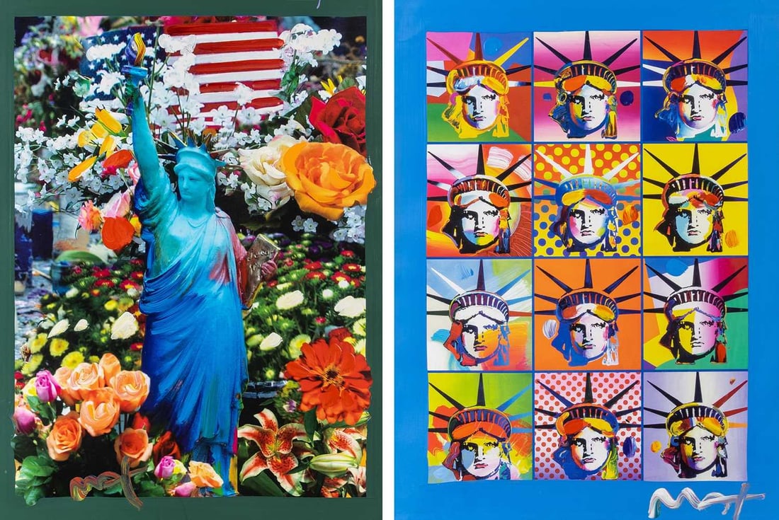 Peter Max (b. 1937): LAND OF THE FREE, HOME OF THE BRAVE II; LIBERY AND JUSTICE FOR ALL II Two color lithographs with extensive hand-coloring, 2005 and 2006, on wove paper, signed in acrylic, the full sheets, framed.