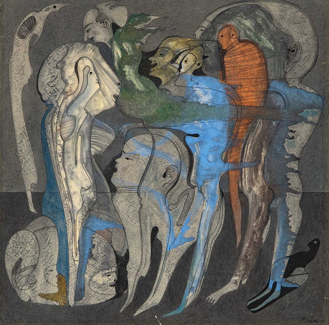 Mihail Chemiakin: Russian, b. 1943 Untitled, 1978 Signed and dated M. Chemiakin 78 (lr) Watercolor and ink on paper laid to canvas 13 x 13 inches (33 x 33cm) (Framed 14 1/4 x 14 1/4 inches) Overall in good condition.