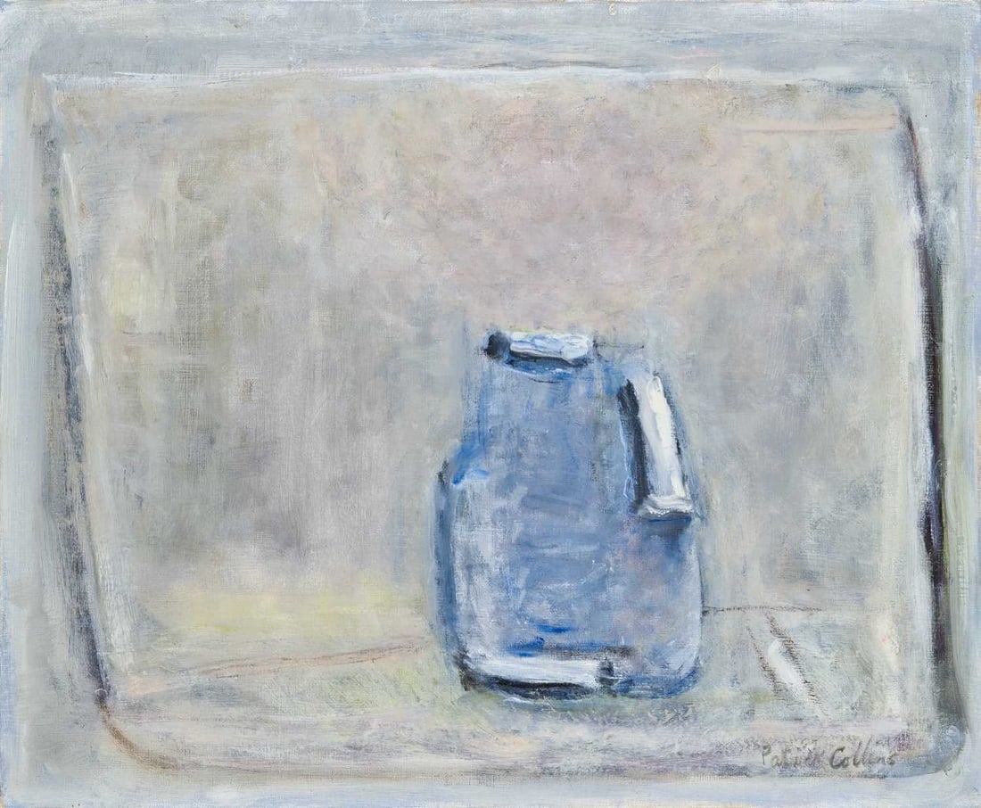 Patrick Collins: Irish, 1911-1994 Blue Jug, 1974 Signed Patrick Collins (lr) Oil on canvasboard 19 3/4 x 24 inches (50.2 x 60.9cm) Provenance: Tom Caldwell Gallery, Belfast, Ireland (Framed 24 1/2 x 28 1/4 inches)