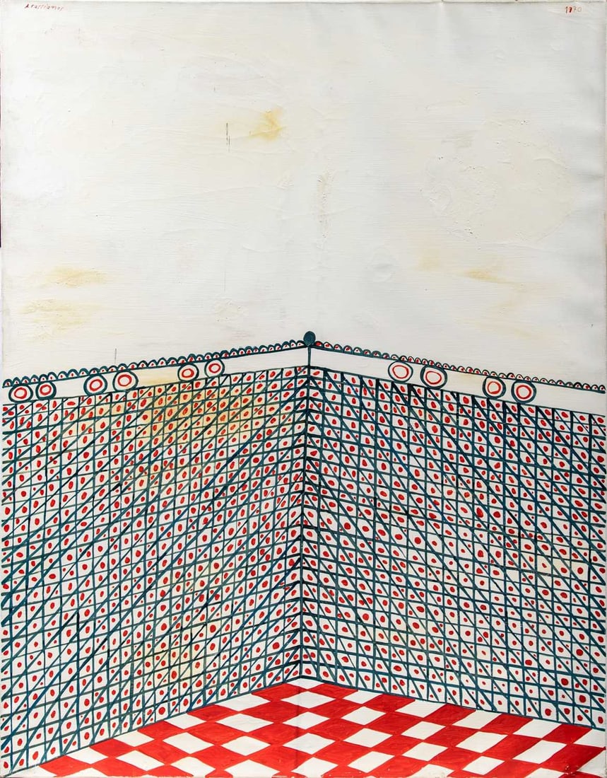 Alexos Fassianos: Greek, 1935-2022 Le Balcon, 1970 Signed A. Fassianos (ul) and dated 1970 (ur) Oil on canvas 57 1/2 x 45 inches (146.1 x 144.3cm) Unframed Provenance: Galerie Paul Facchetti, Paris Buffalo AKG Art