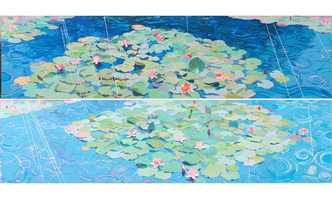 Mizue Sawano: Japanese/American, b. 1941 Untitled (Lily Pond): a diptych Signed Mizue (lr) Oil on canvas 30 x 120 inches each (76.2 x 304.8cm) Unframed Overall in great condition. The surface is clean and the