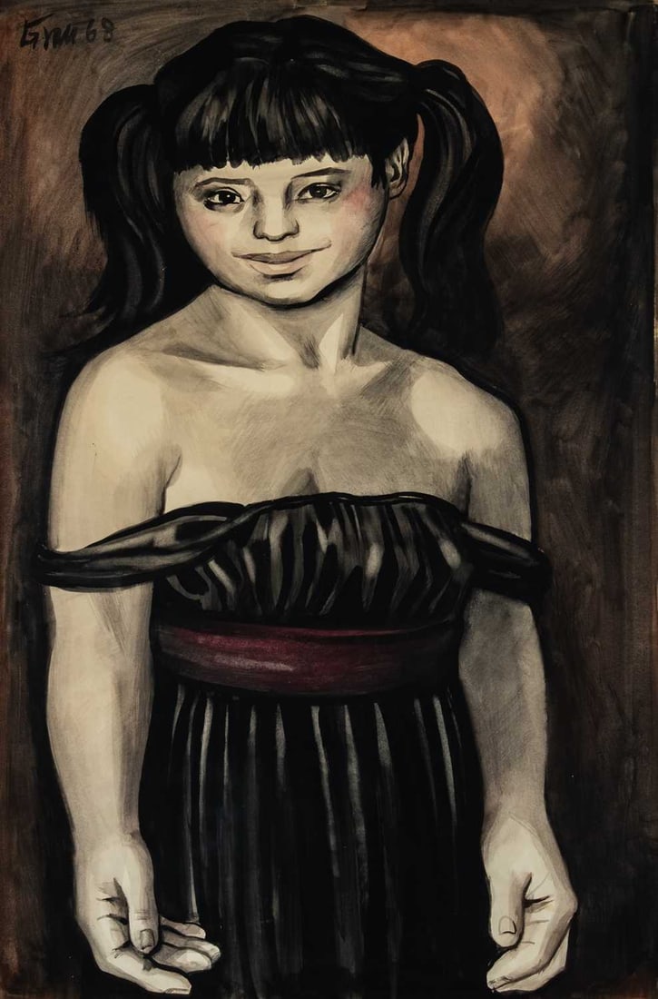 Enrique Grau: Colombian, 1920-2004 Young Girl in a Black Dress, 1968 Signed and dated Grau 68 (ul) Gouache on paper 40 1/2 x 27 1/2 inches (102.9 x 69.8 cm) Provenance: Private collection, Charleston, SC (Framed: