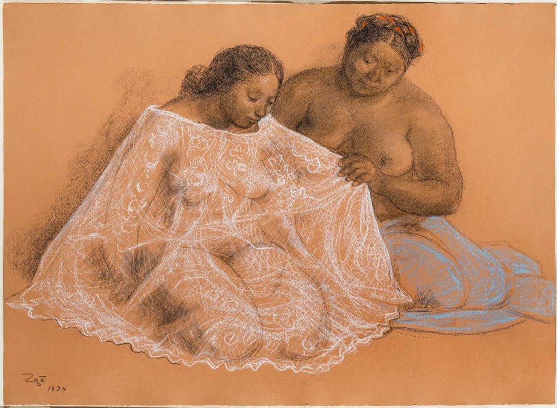 Francisco Zuniga: Mexican, 1912-1998 La Novia, 1974 Signed and dated Zga 1974 (ll) Charcoal and pastel on rose colored paper 18 3/4 x 25 3/4 inches (47.6 x 65.4 cm) Provenance: Teresa Feibelman, Mexico City Acquired