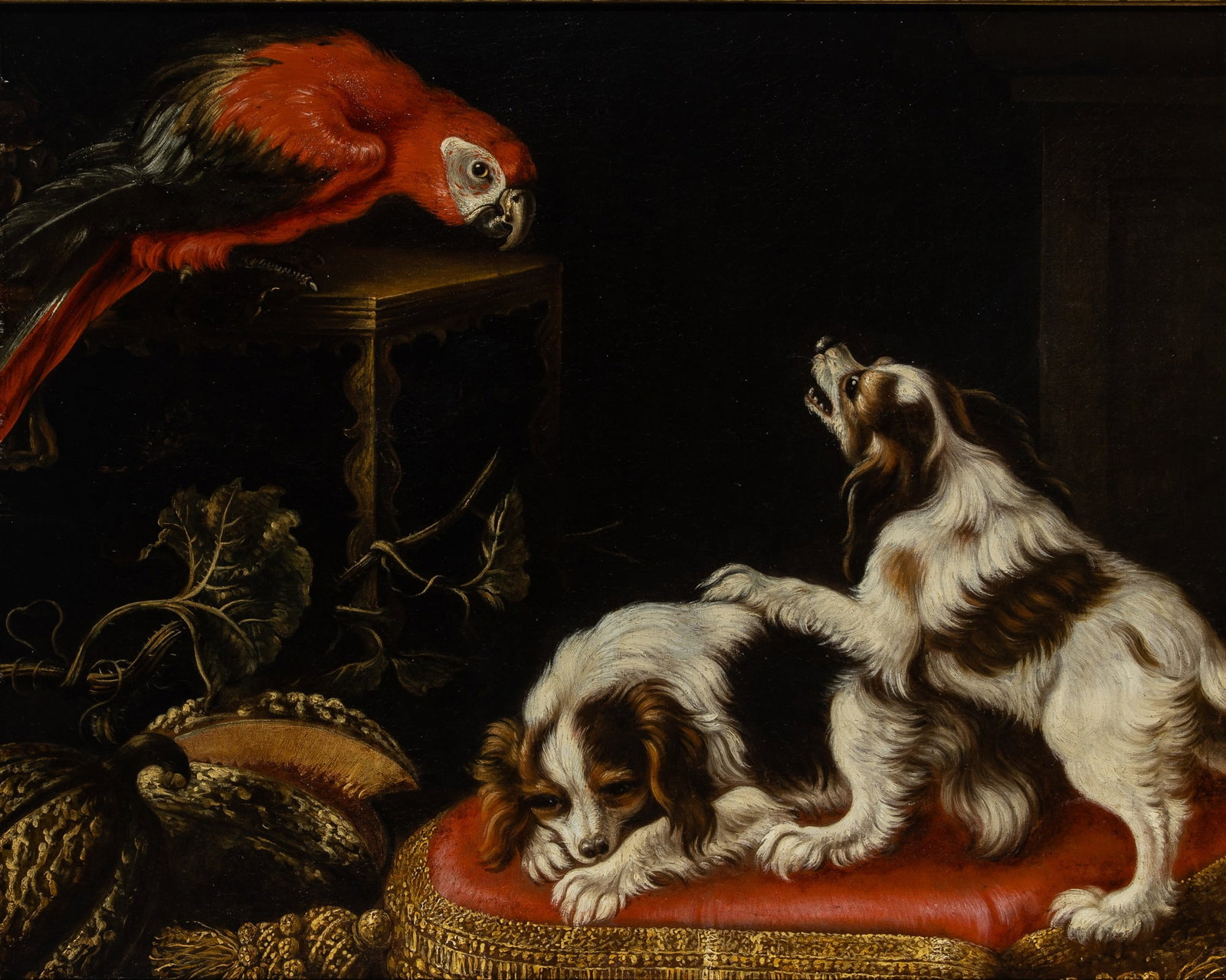 Reynaud Levieux: French, 1613-1699 Still Life with Parrot, Dogs, and Melons Oil on canvas 20 1/4 x 25 3/4 inches (51.4 x 65.5 cm) Frame 26 1/2 x 31 1/2 inches (67.3 x 80 cm)