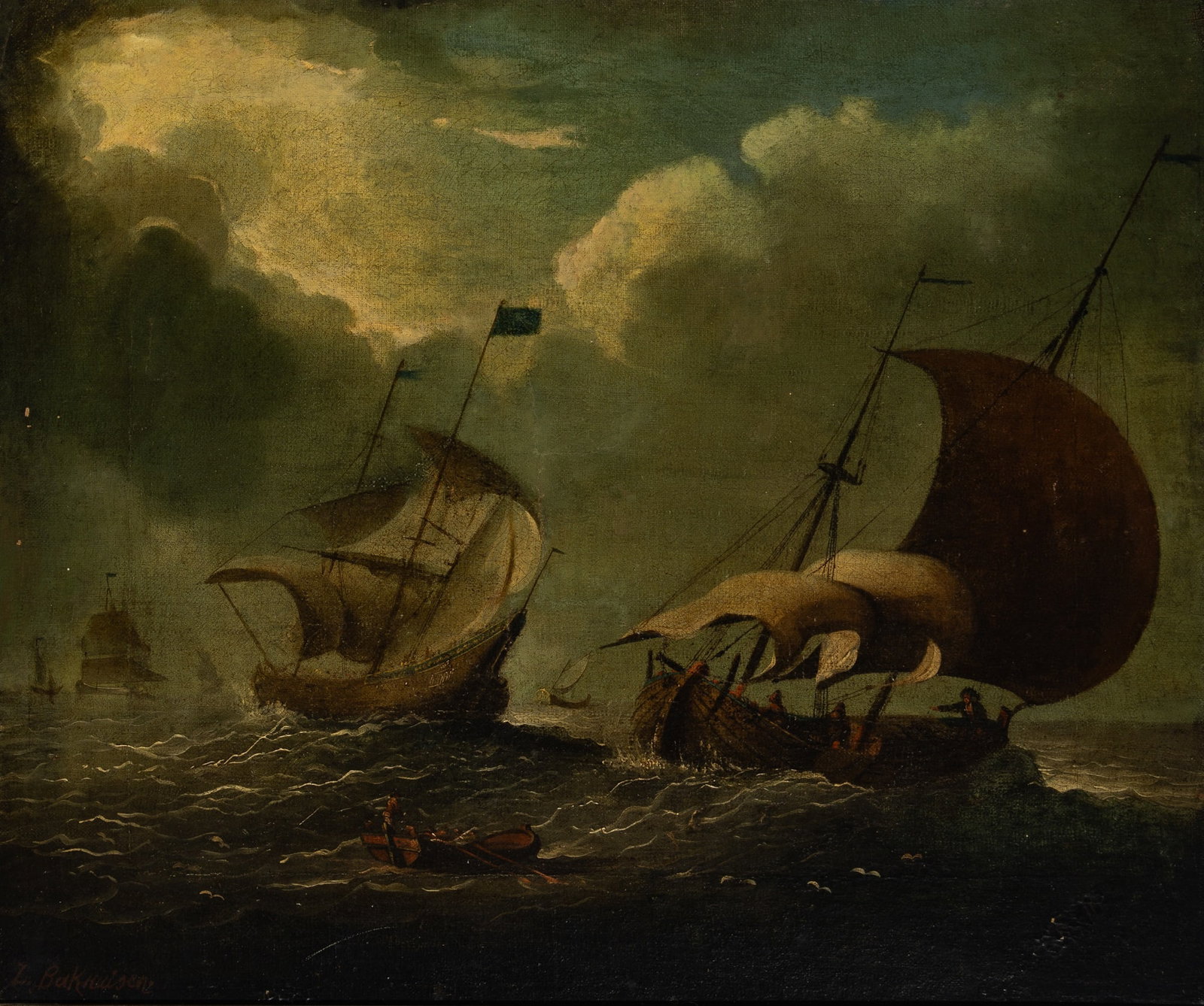 Manner of Ludolf Backhuyzen the Elder: Ships on Choppy Water Oil on canvas 21 1/4 x 25 3/8 inches (54 x 64.5 cm) Frame 25 1/2 x 29 5/8 inches (64.7 x 76.3 cm)