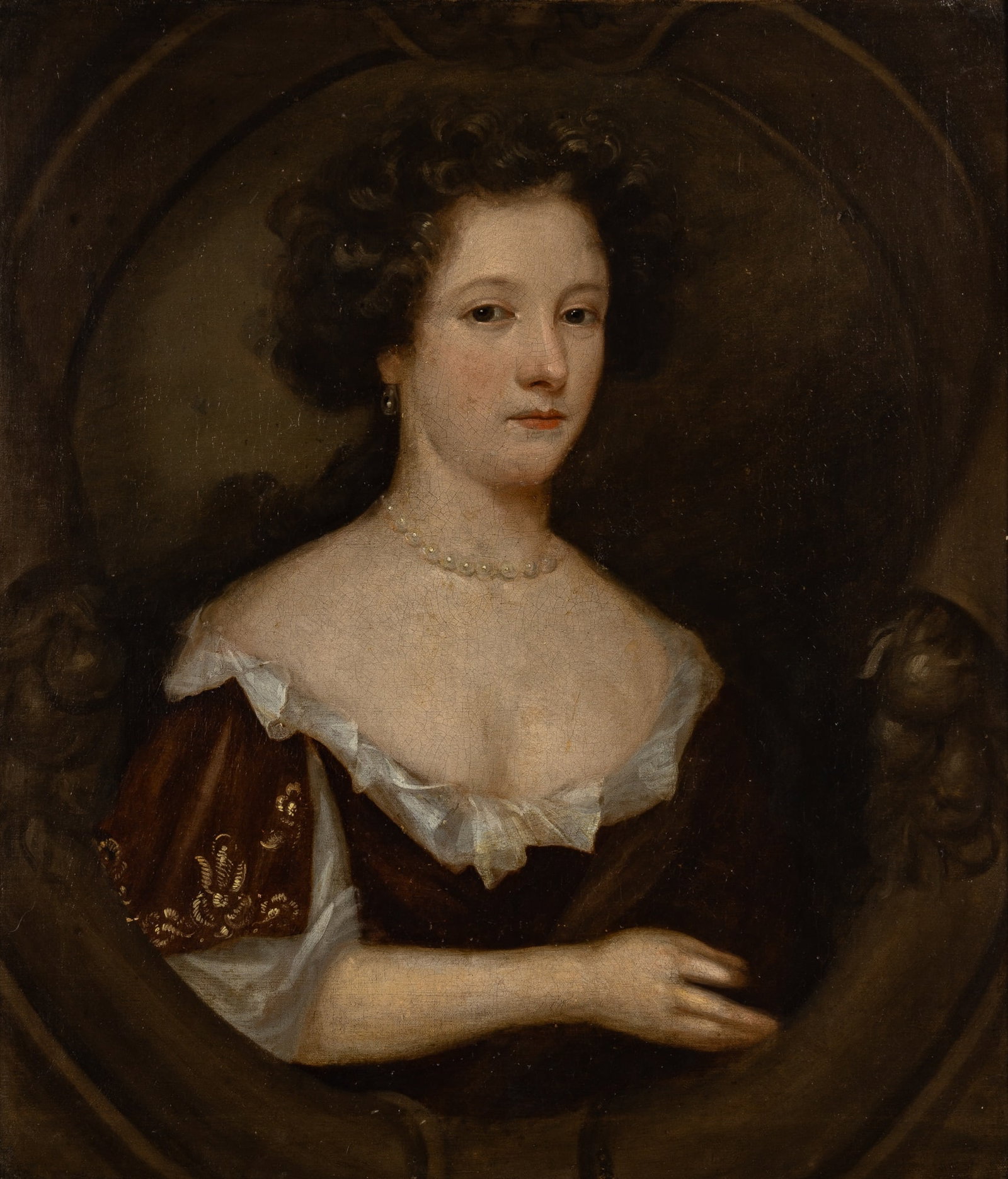 English School: 17th Century Portrait of Anne, Daughter of Sir Robert Killigrew, Wife of George Kirke Esquire, M. P., Mistress of the Robes to Queen Henrietta Maria (1607-1641) Oil on canvas, within a painted oval