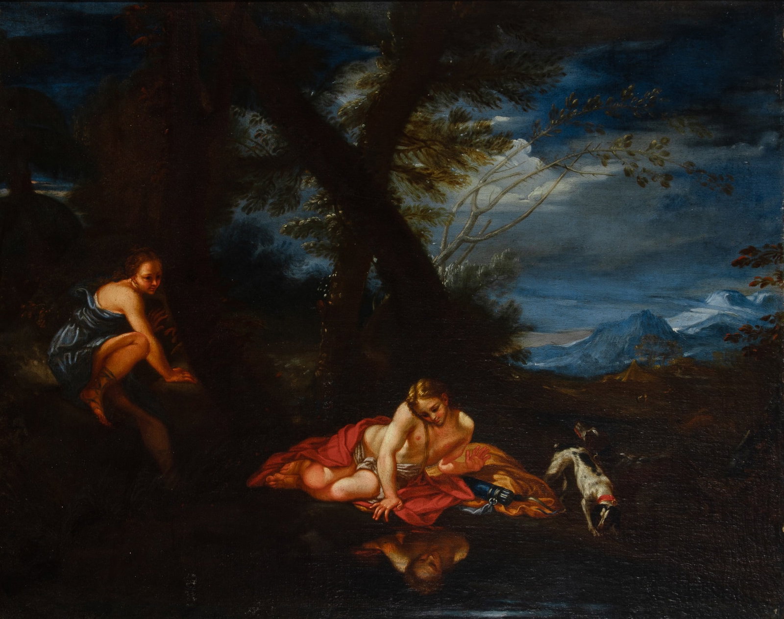 Attributed to Benedetto Luti: Echo and Narcissus Oil on canvas 24 x 29 1/2 inches (61 x 75 cm) Frame 28 1/4 x 34 1/4 inches (71.7 x 87 cm)