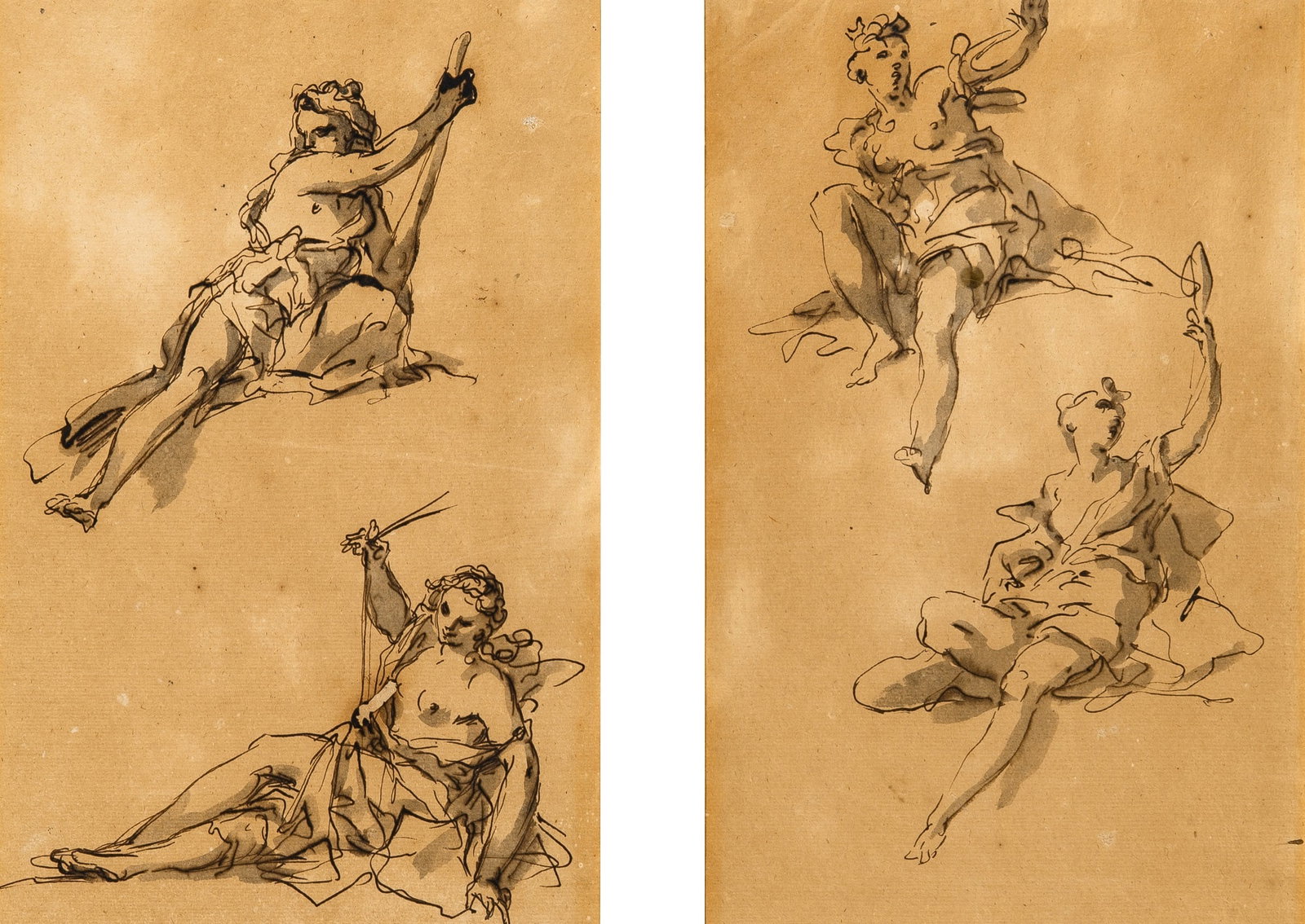Attributed to Gaspare Diziani: Allegorical Figures: Two, framed together Black ink and gray wash on paper Each approximately 11 x 7 inches (28 x 17.7 cm) Frame 19 1/2 x 23 1/4 inches (49.5 x 59 cm)