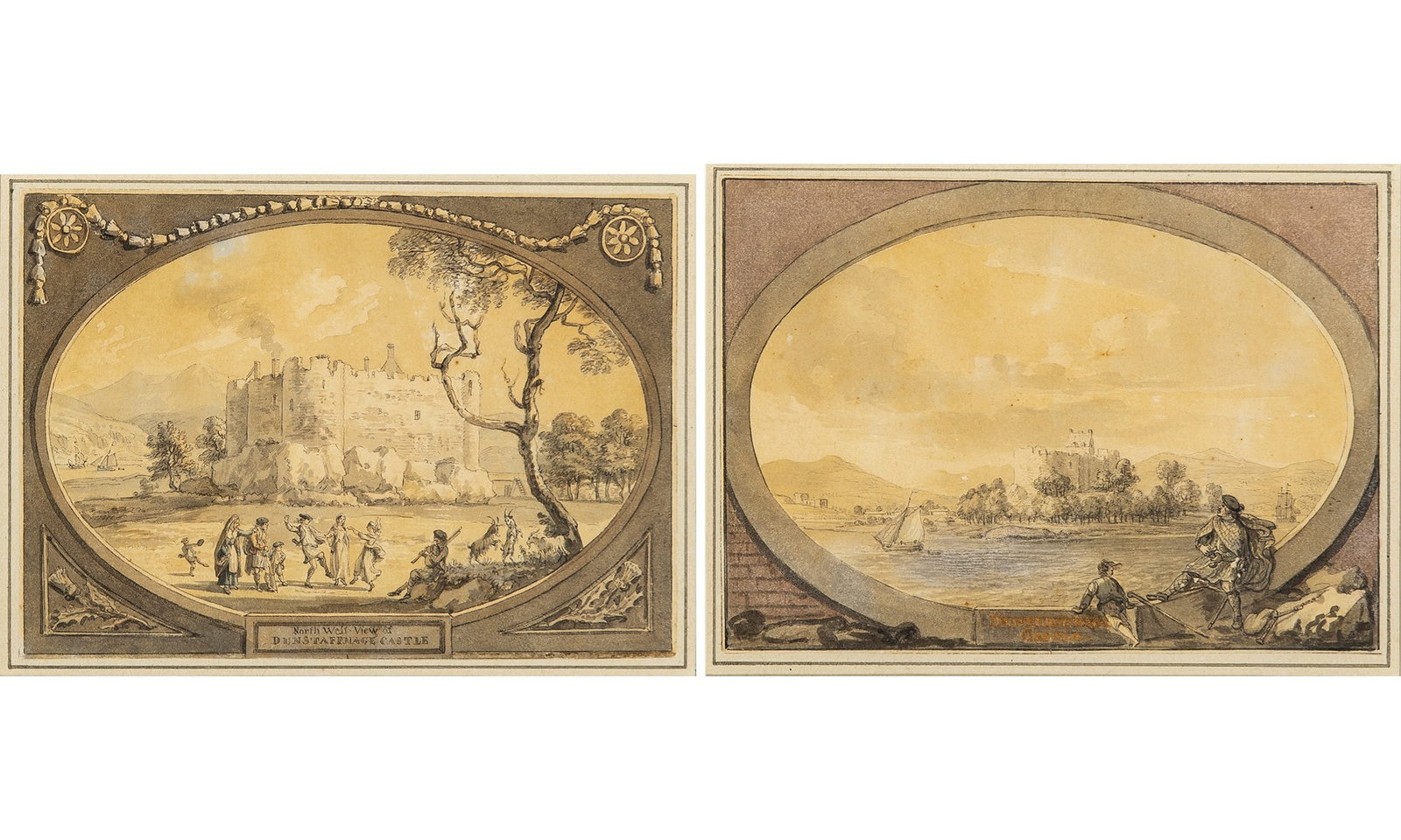Paul Sandby: British, 1731–1809 Views of Dunstaffnage Castle, Scotland: Two Point of the brush and gray wash over black chalk on paper Each 5 1/2 x 7 1/2 inches (14 x 19 cm) Frames