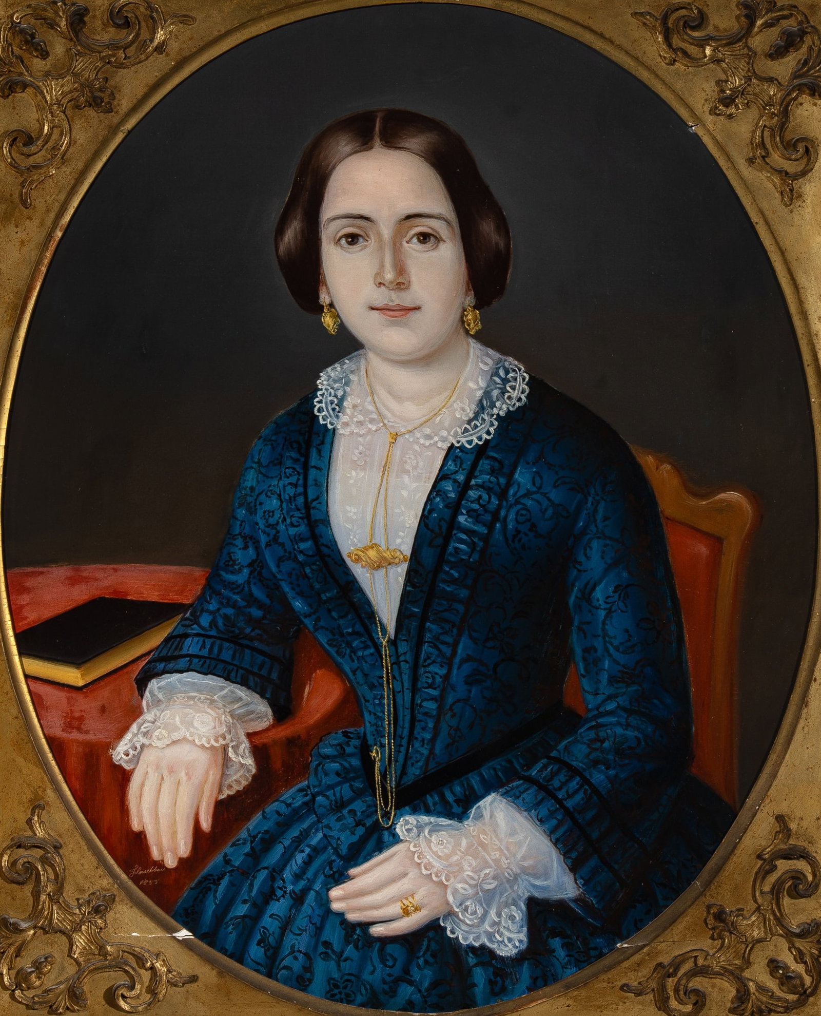 Attributed to Franz (Francois) Fleischbein: Portrait of a Young Lady Signed Fleischbein and dated 1835 (ll) Oil on canvas, in a giltwood frame Sight 28 1/2 x 23 1/4 inches (72.5 x 59 cm), oval Frame 39 1/4 x 33 5/8 inches (99.8 x 85.5 cm)