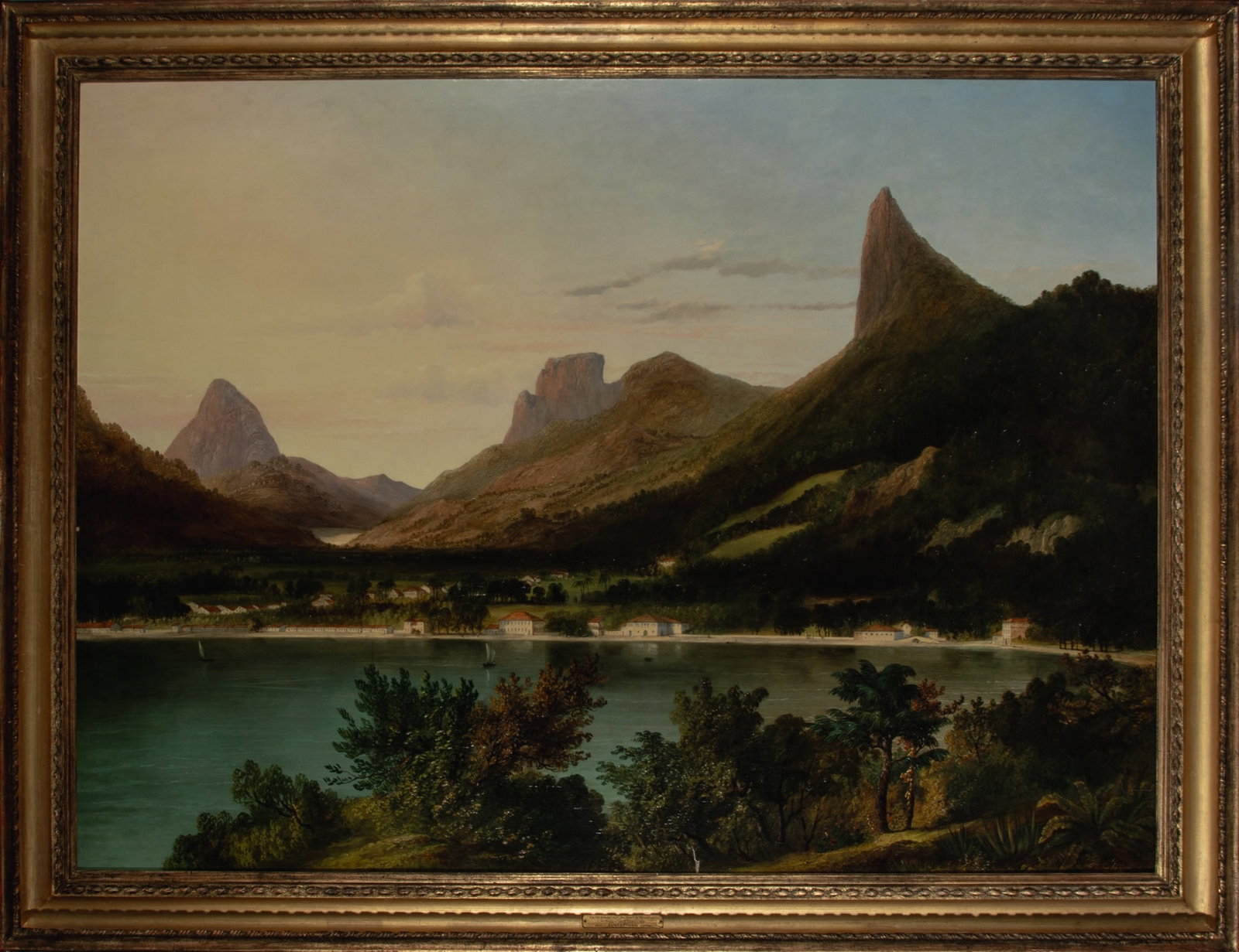 European School: 19th Century View of Rio de Janeiro with the Praia de Botafogo, looking towards Corcovado Signed L (?) Poole (lr) Oil on canvas 35 ¼ x 48 inches (89.5 x 122 cm) Frame 42 x 54 1/2 inches (106.6 x