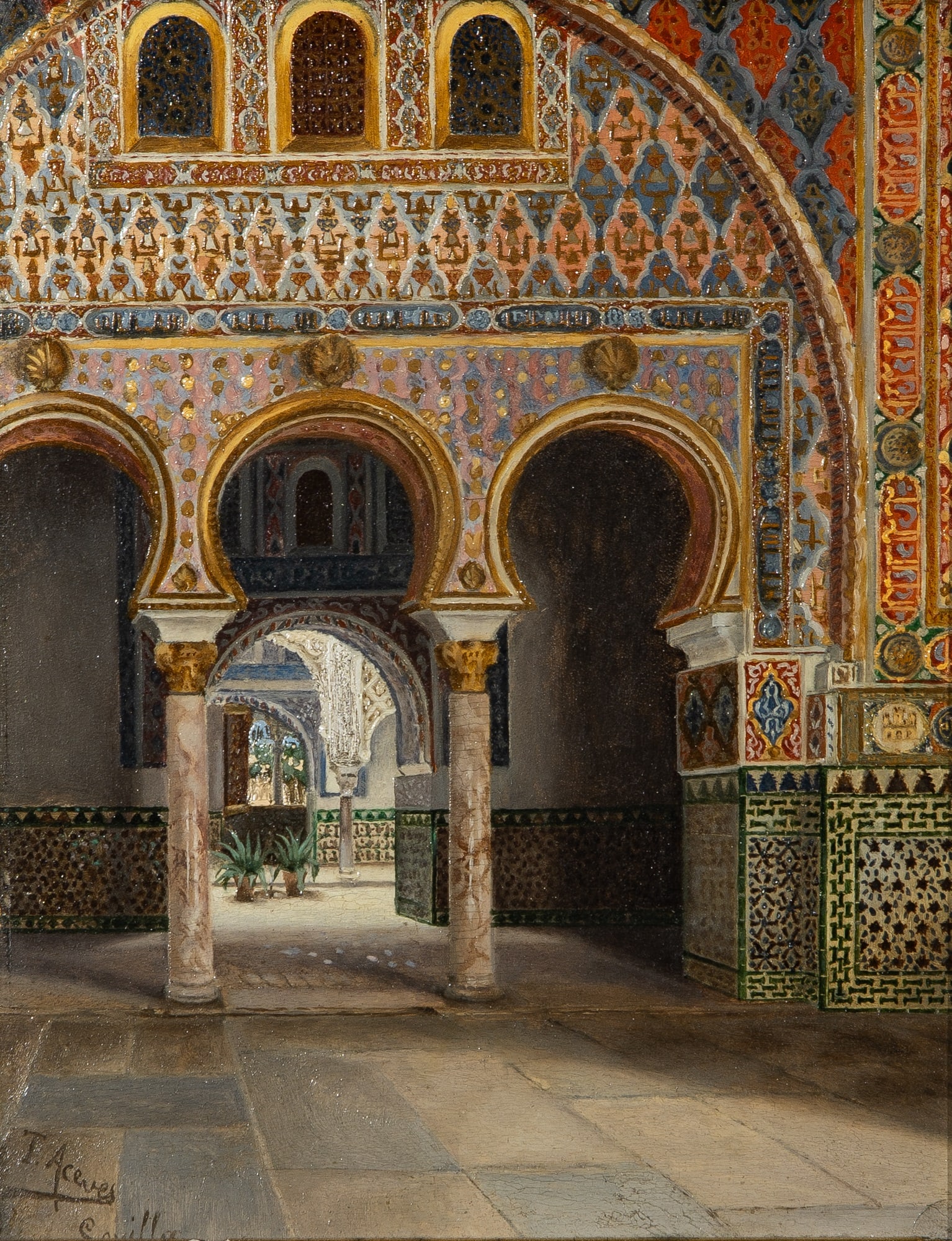 Tomás Aceves: Spanish, 19th Century Moorish Arches, with a view toward an Inner Courtyard, the Alcázar, Seville Signed T. Aceves and inscribed Sevilla (ll) Oil on panel 9 1/2 x 7 1/2 inches (24 x 19 cm) Frame