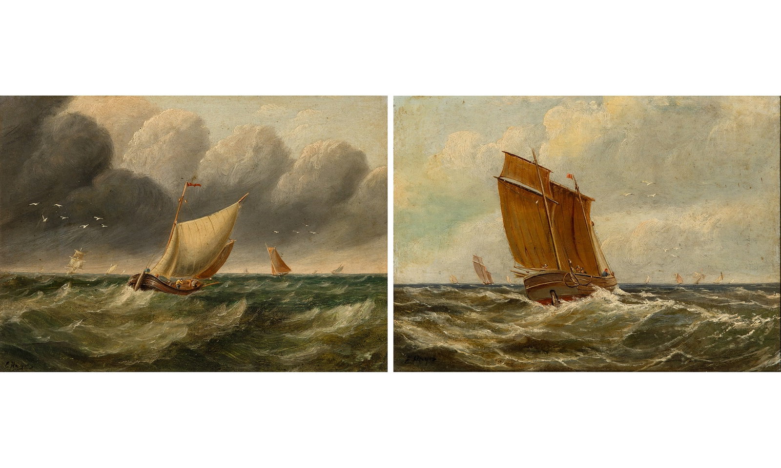 Edwin Hayes: British, 1820-1904 Sailboats in Choppy Water: A Pair Oil on panel Each signed E. Hayes (ll) Each 9 x 12 inches (22.9 x 30.5 cm) Frames 14 1/4 x 17 3/8 inches (36.3 x 44.2 cm)