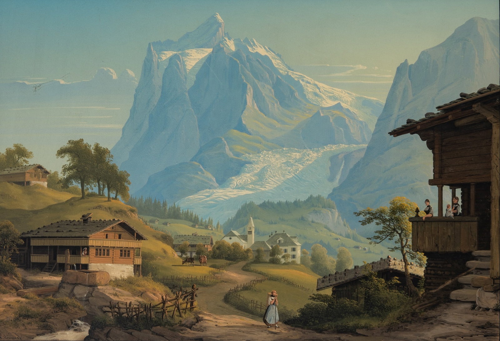Konrad Corradi: Swiss, 1813–1878 The Village of Grindelwald, with a View of the Wetterhorn and the Wetterhorn Glacier Signed K. Corradi (ll); inscribed on the mat below the image: Wetterhorn/Dorf